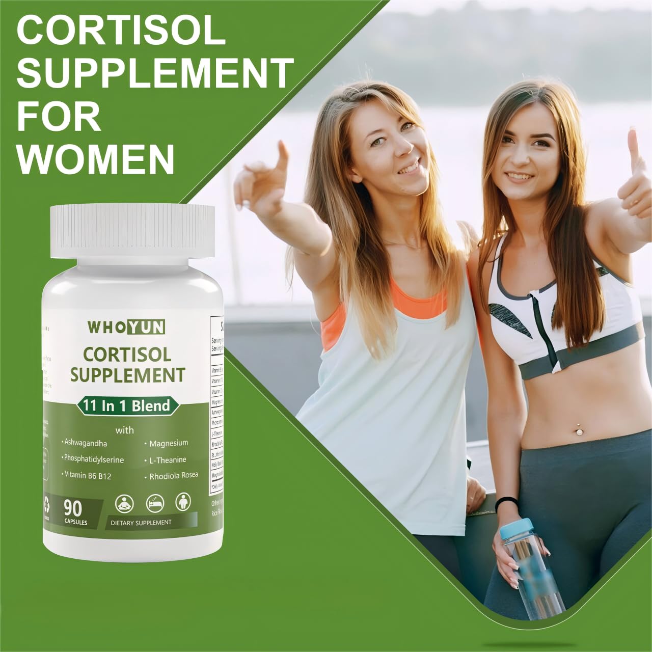 Whoyun Cortisol Supplement for Women, 11 in 1 Lower Cortisol Blend with Ashwagandha, Phosphatidylserine, Magnesium, L-Theanine, Vegan, 90 Capsules WhoyunAu supplements
