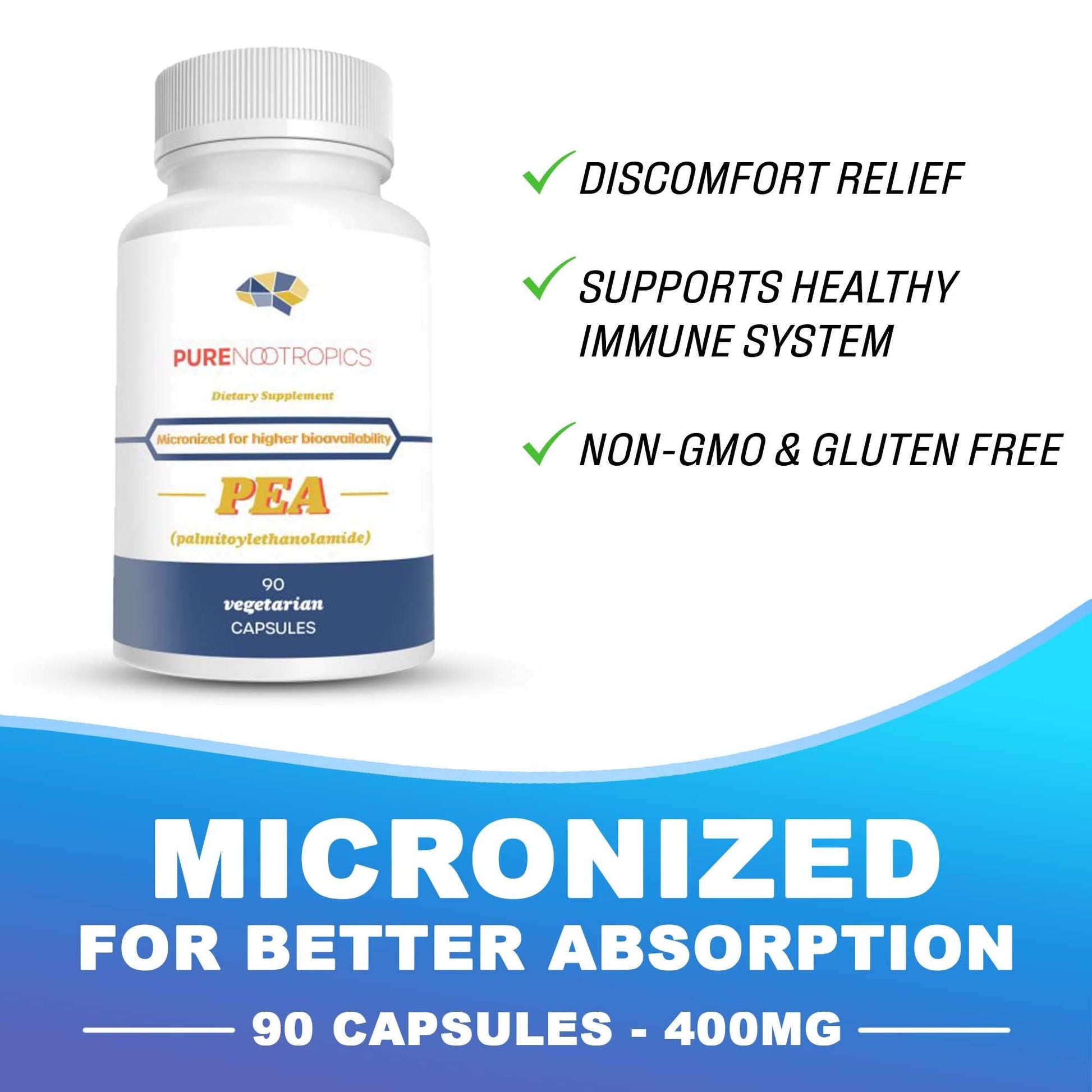 Pure Nootropics - Palmitoylethanolamide (Micronized Pea) 400 mg Capsules | 90 Veg Caps Value Pack | Supports Relief from Occasional Discomfort | Supports Immune System Pure NootropicsAu supplements