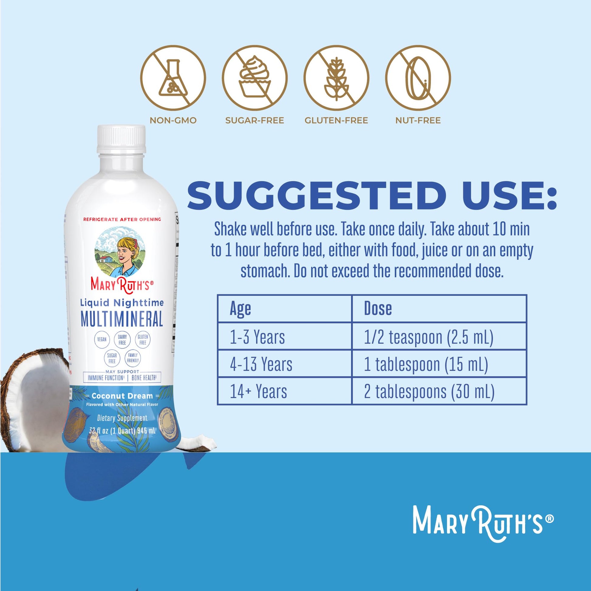 MaryRuth Organics Liquid Nighttime Multimineral | No Melatonin | Bedtime Routine | Magnesium Citrate | Calcium | Zinc | Vitamin D3| Available in 4 Flavors - Vegan | Sugar Free | Gluten Free | 32 Oz MARYRUTH'SUS supplements