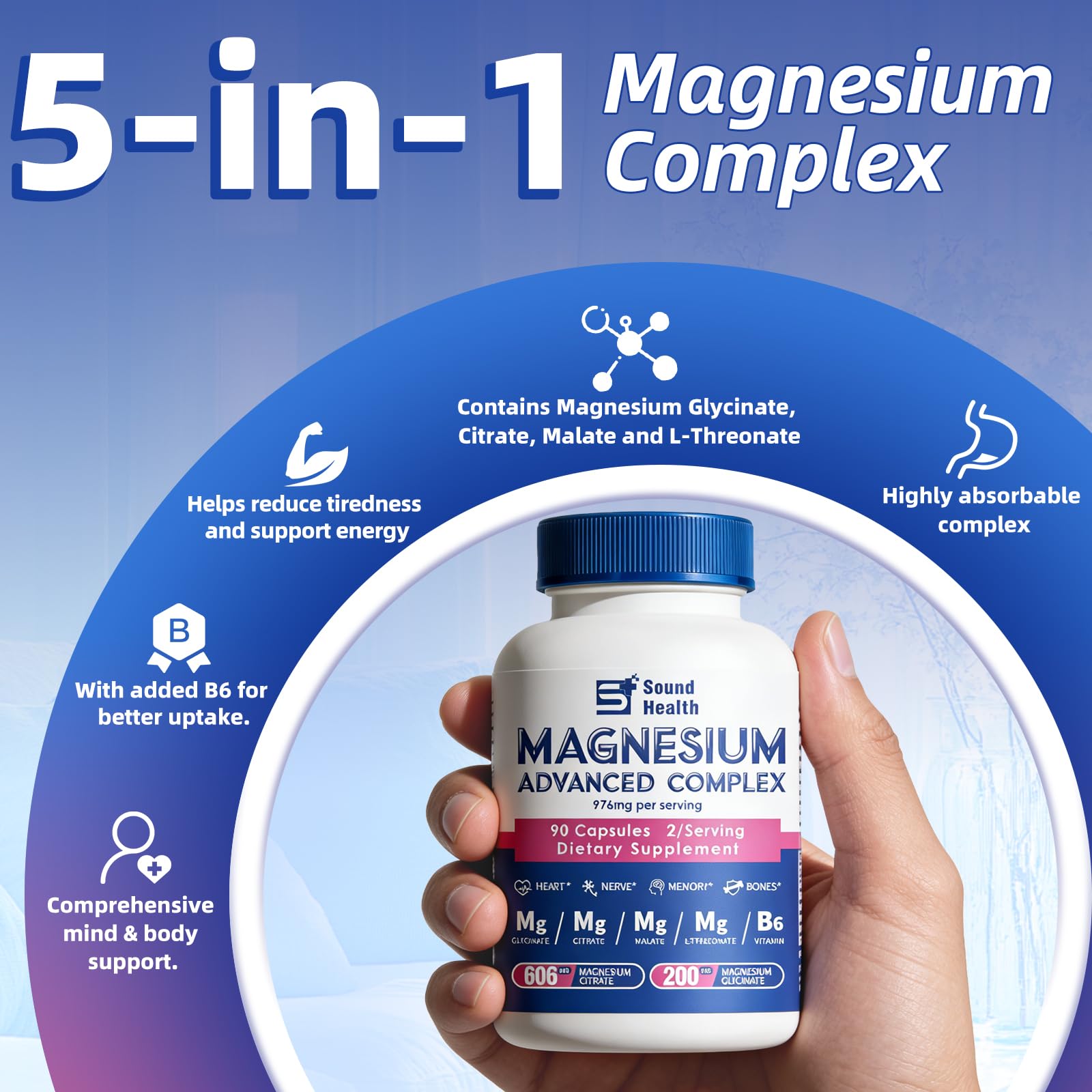 Magnesium Complex Capsule 5 in 1 Magnesium Supplement from Magnesium Glycinate, Citrate, Malate, L-Threonate & Vitamin B6, High Absorption Magnesium Supplement, Non-GMO, Vegan Sound Health PlusAu supplements