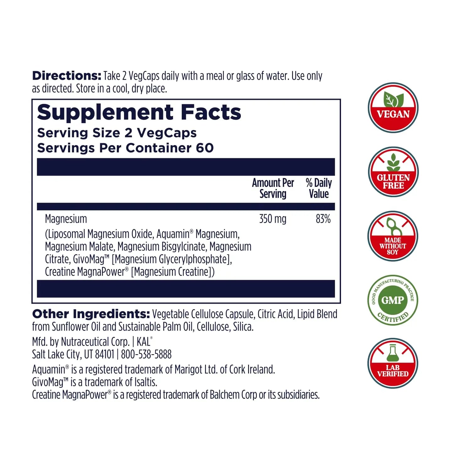 KAL Magnesium Complex 7 - Total Complex with Magnesium Glycinate, Citrate, Malate and More - Relaxation and Whole Body Support Supplements - Vegan, 60-Day Guarantee - 60 Servings - 120 VegCaps KALnz supplements