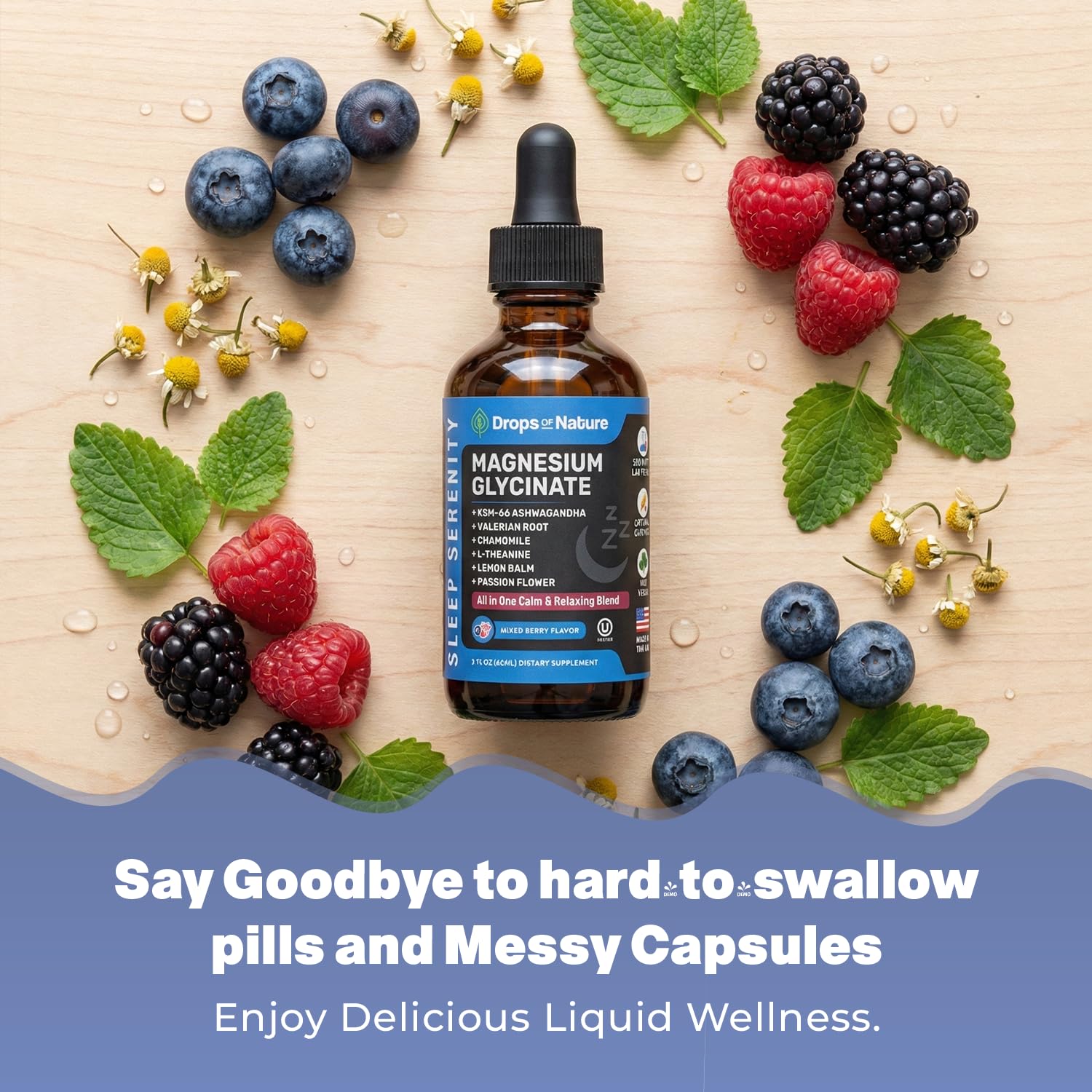 Magnesium Glycinate & Ashwagandha Liquid Drops with Valerian Root, Chamomile, Passion Flower, Lemon Balm & L-Theanine - Vegan Fast Absorption - Supplement for Wellness & Relaxation (Mixed Berry, 60mL) Drops Of NatureAu supplements