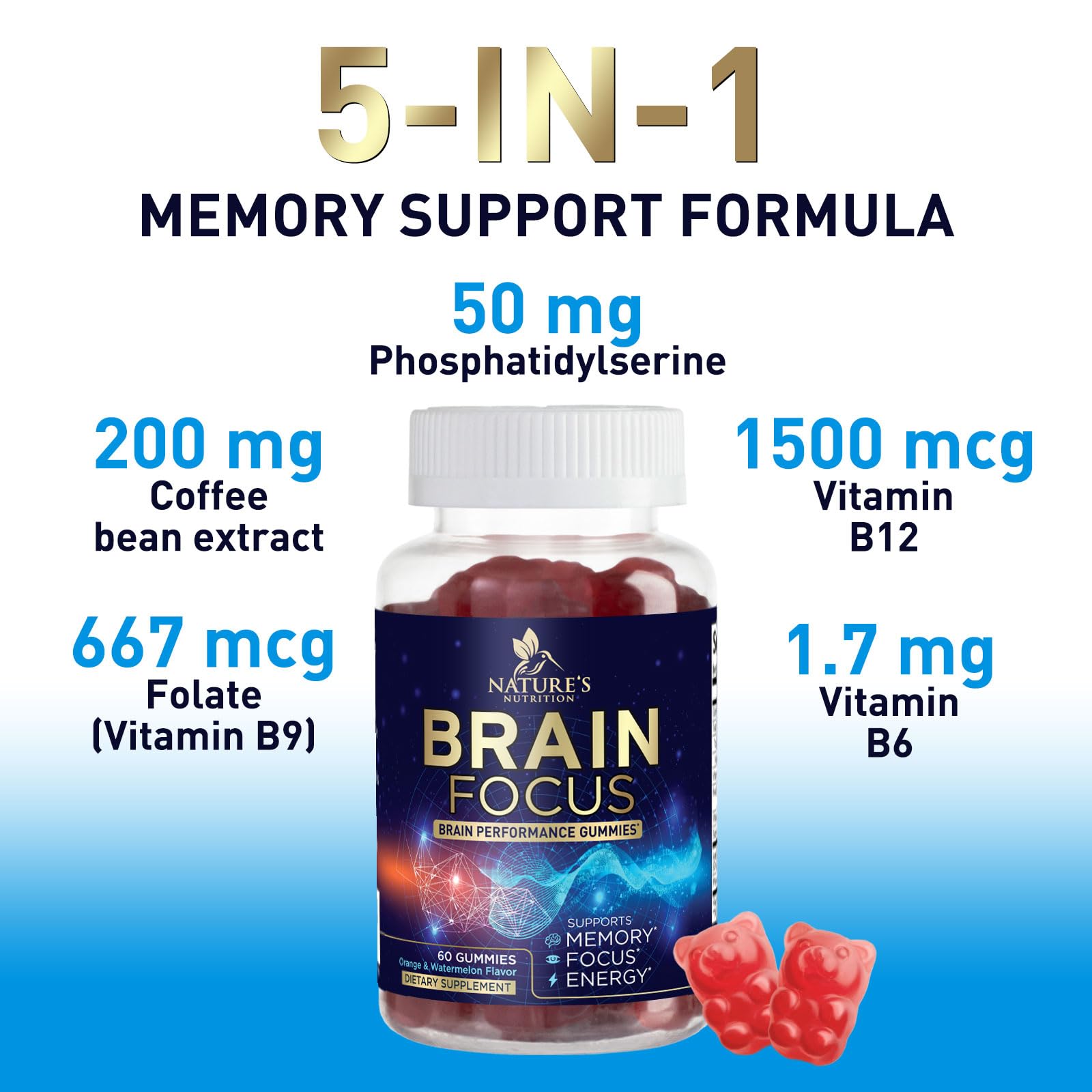 Brain Supplements for Memory and Focus with Phosphatidylserine, Nootropic Memory Supplement Gummy for Brain Health, Concentration, Mental & Cognitive Support, Focus Vitamins with B6 & B12-60 Gummies Nature's NutritionAu supplements