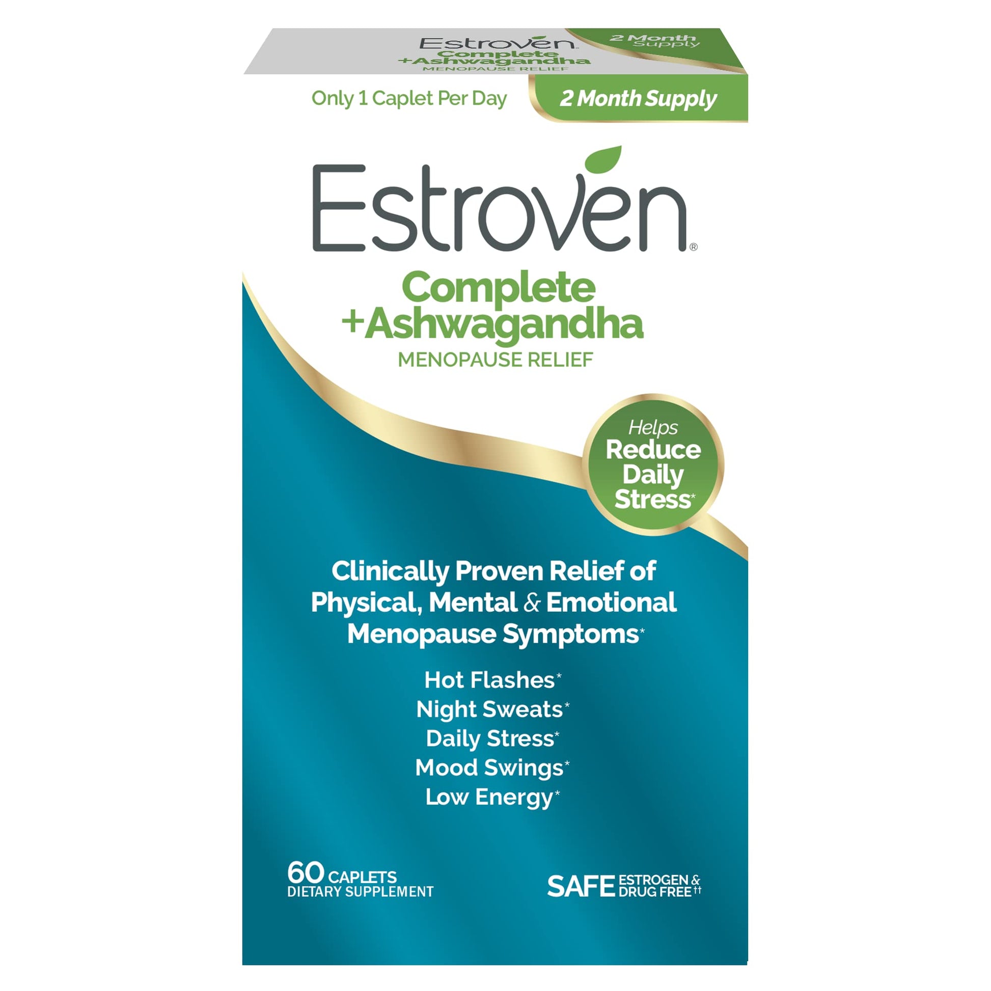Estroven Complete + Ashwagandha Multi-Symptom Menopause Supplement for Women - 60 Ct. - Clinically Proven Ingredients Provide Menopause Relief & Night Sweats + Hot Flash Relief* - Drug-Free & Non-GMO EstrovenAu supplements