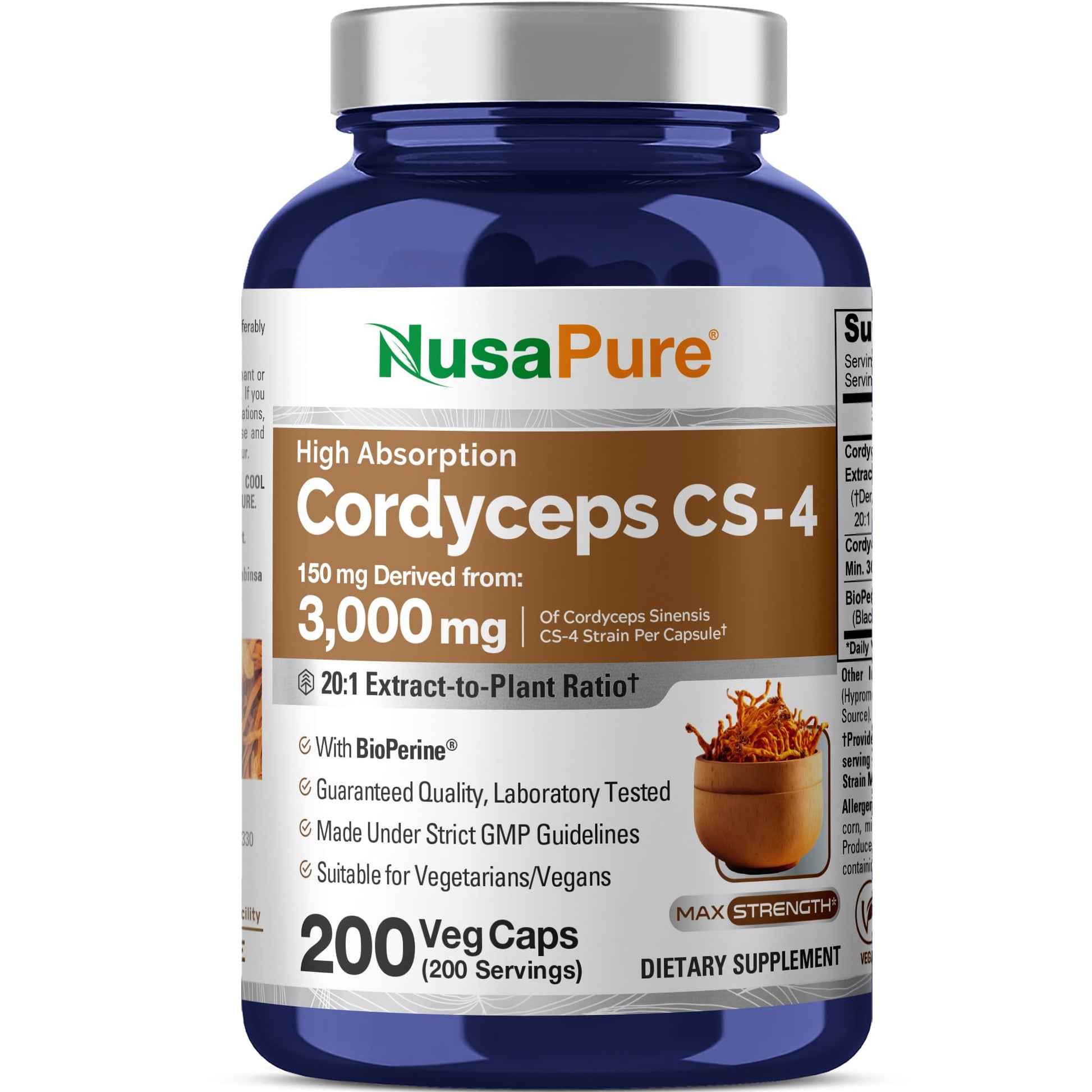 NusaPure Cordyceps 20:1 Extract, 150 mg Equivalent to 3,000mg 200 Veggie Capsules (Sinensis CS-4, Non-GMO, Vegan) Bioperine NusaPureAu supplements