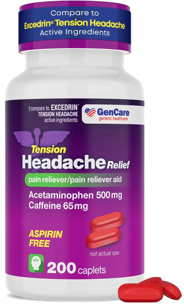 GenCare - Tension Headache Relief Pain Reliever with Acetaminophen 500 mg & Caffeine 65 mg (200 Caplets) Best Value Bulk Extra Strength for Head, Migraine, Joint Pain & Body Ache Relief Medicine GenCareAu supplements