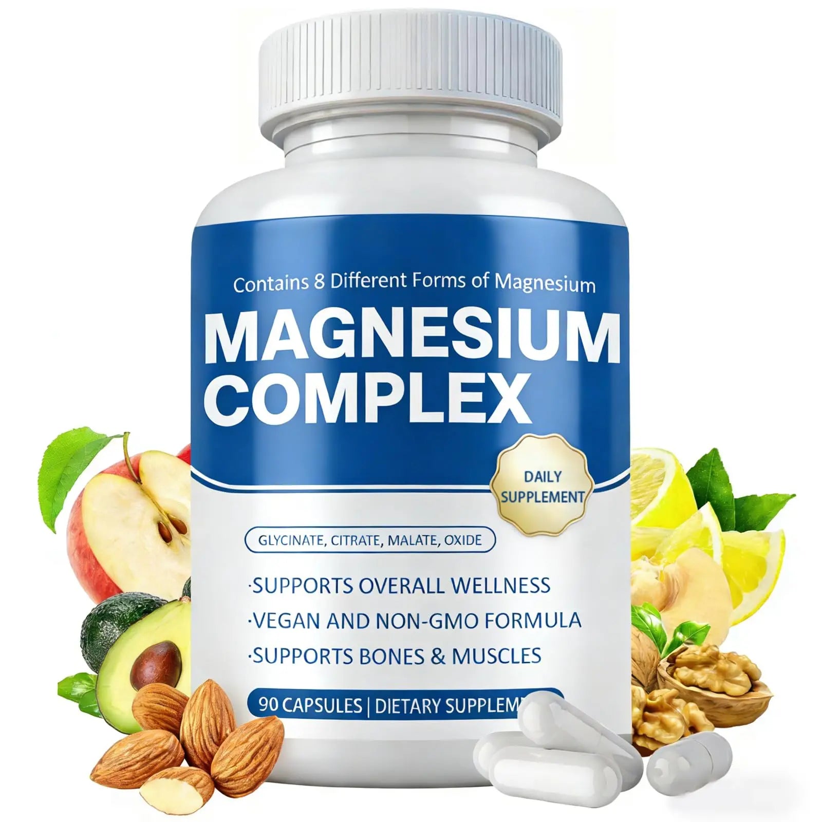 Magnesium Complex Supplement 8 Elemental - Magnesium Glycinate, Citrate, Malate, Oxide | Easy Absorption for Bones, Muscle, Energy, Vegan, Non-GMO 90 Capsules (1pc) OFHOFHAu supplements