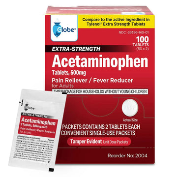 Globe Extra Strength Acetaminophen Tablets 500 mg, Pain Reliever and Fever Reducer, Gentle on Stomach, for Arthritis Pain, Backache Pain and More, 50 Packets of 2 Tablets Each, 100 Count GlobeAu supplements
