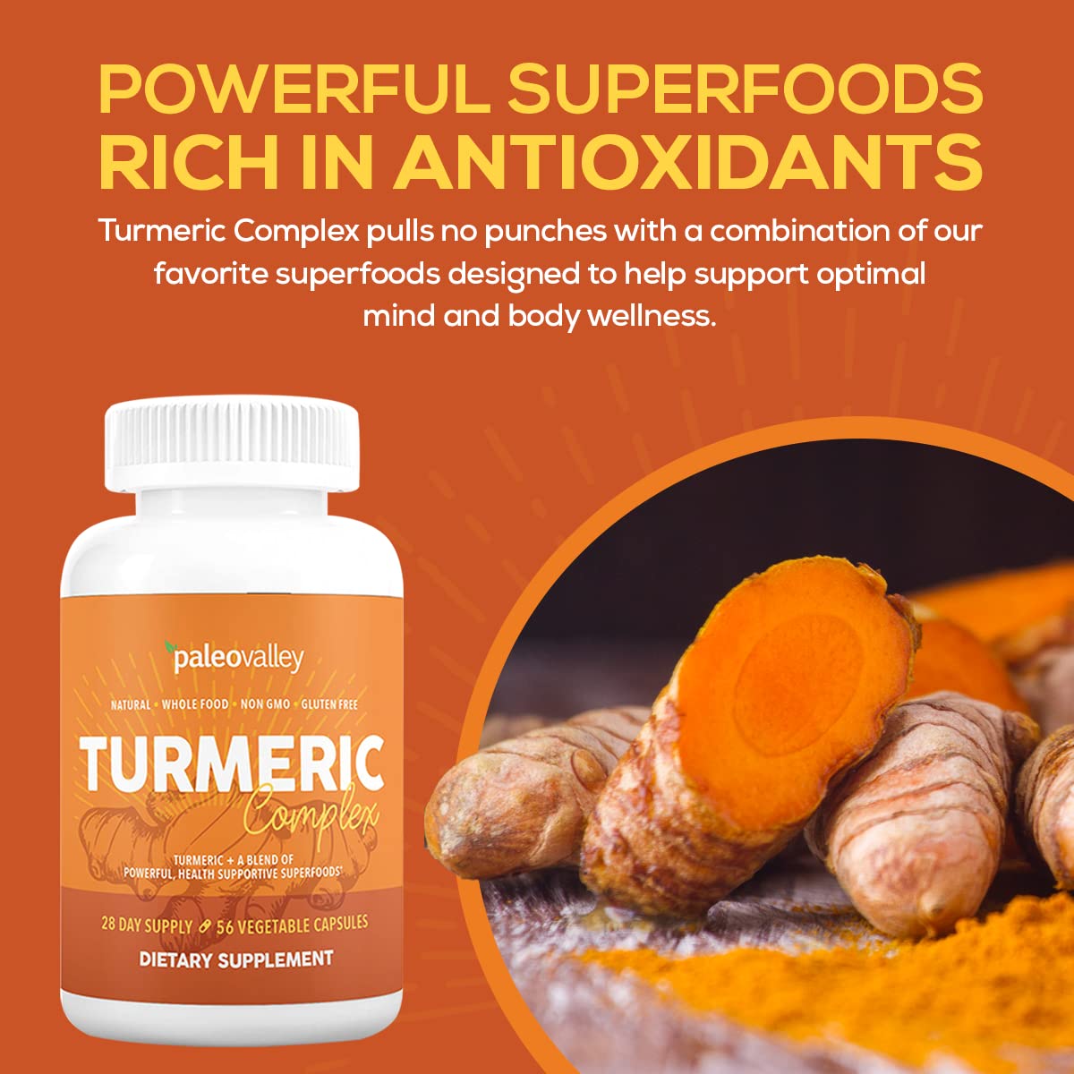Paleovalley - Organic Turmeric Complex - Full Spectrum Organic Turmeric with Health-Supportive Superfoods - 56 Vegetarian Capsules - Support Joints, Immunity, Brain and Heart Health PaleovalleyUS supplements