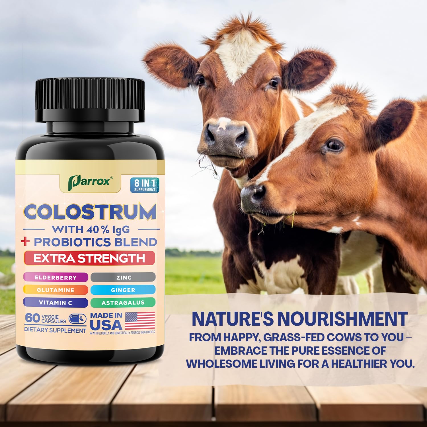 Parrox Colostrum Supplement Capsules, Grass Fed Cow Colostrum with 40% IgG, Probiotics Blend, Elderberry, Astragalus, Zinc, Ginger, Vitamin C, L-Glutamine, 8 in 1 Extra Strength Bovine Boost (60 Caps) ParroxAu supplements