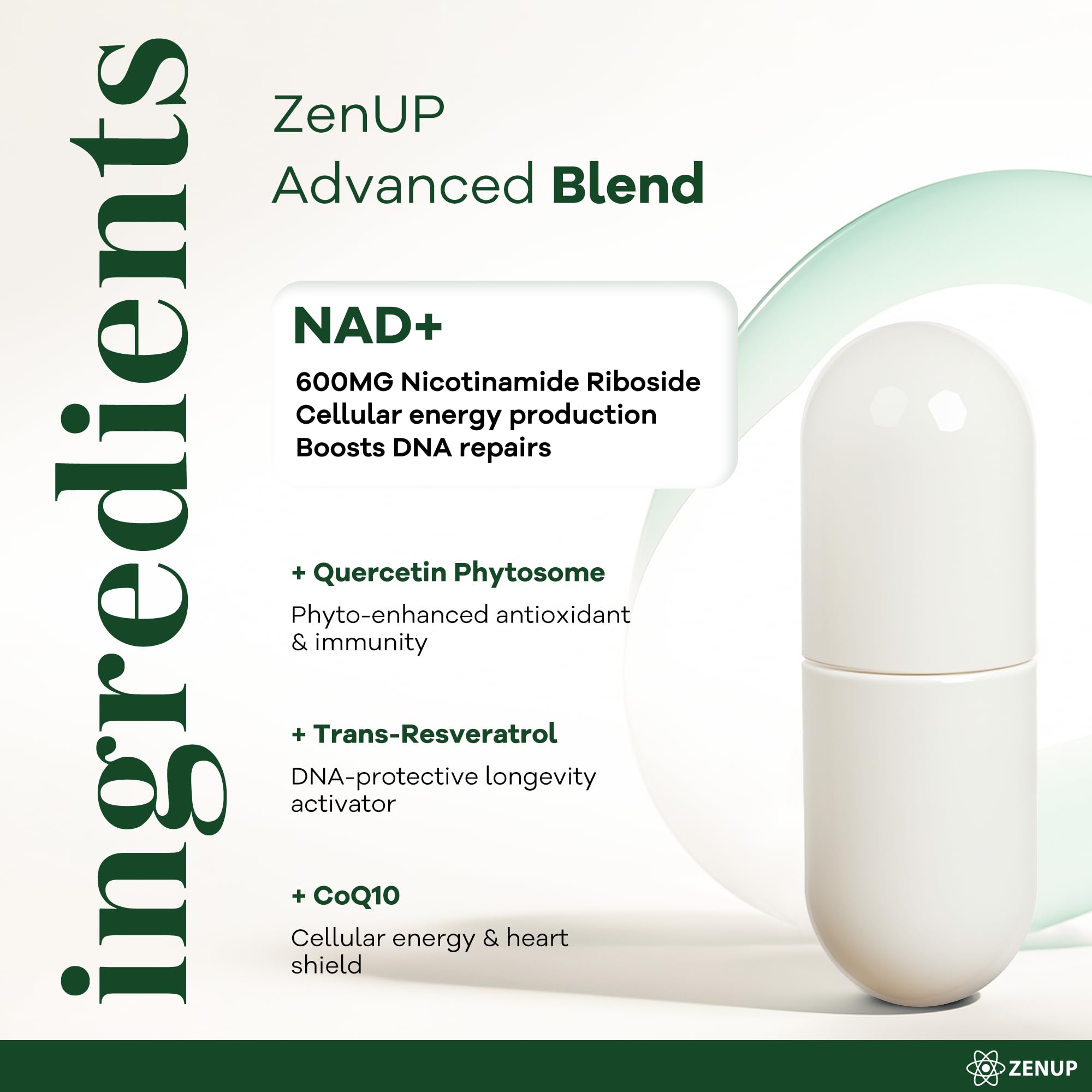 ZenUP NAD+ Supplement | 1100mg Liposomal Nicotinamide Riboside with Resveratrol & Quercetin | Anti-Aging, Cellular Energy, Mental Focus | 120 Caps ZenUPAu supplements