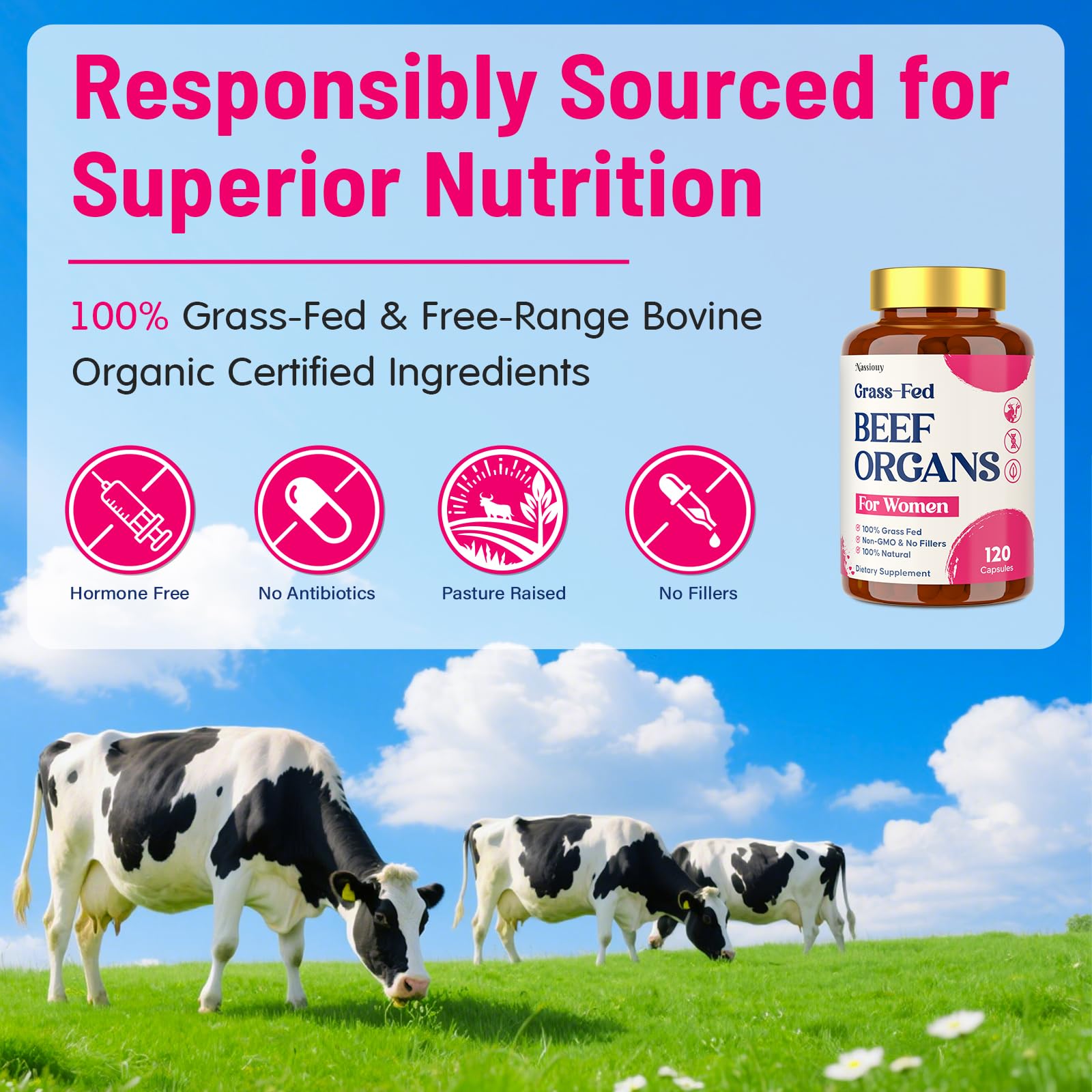 12-In-1 Beef Organ Supplement for Women - Beef Liver, Uterus, Kidney, Heart, Pancreas, 5 Vitamins & 2 Herbs, Hormone Balance, Menstruation, Energy, Immune - 100% Grass Fed, Pasture Raise - 120 Caps NassiouyAu supplements