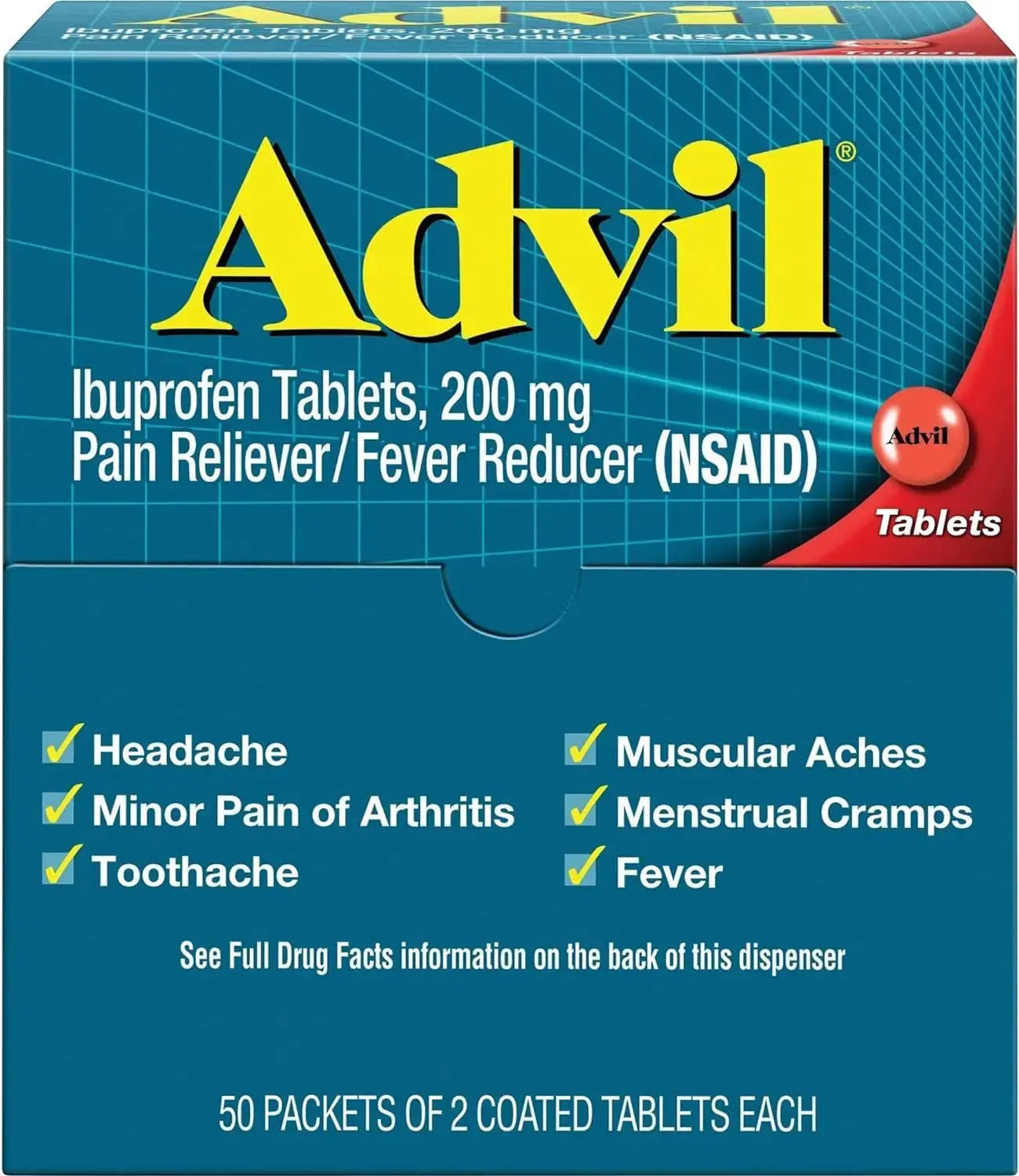 Advil Ibuprofen, 200mg (50 Packets of 2 Coated Tablets) 50 ea (Pack of 3) AdvilAu supplements