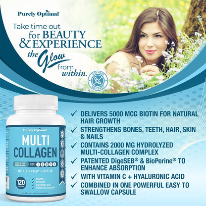 Premium Multi Collagen Peptides (Types I, II, II, V, X) - Collagen Pills for Skin Care, Hair Growth, Nails & Joints - Vitamin C, Hyaluronic Acid Purely OptimalUS supplements