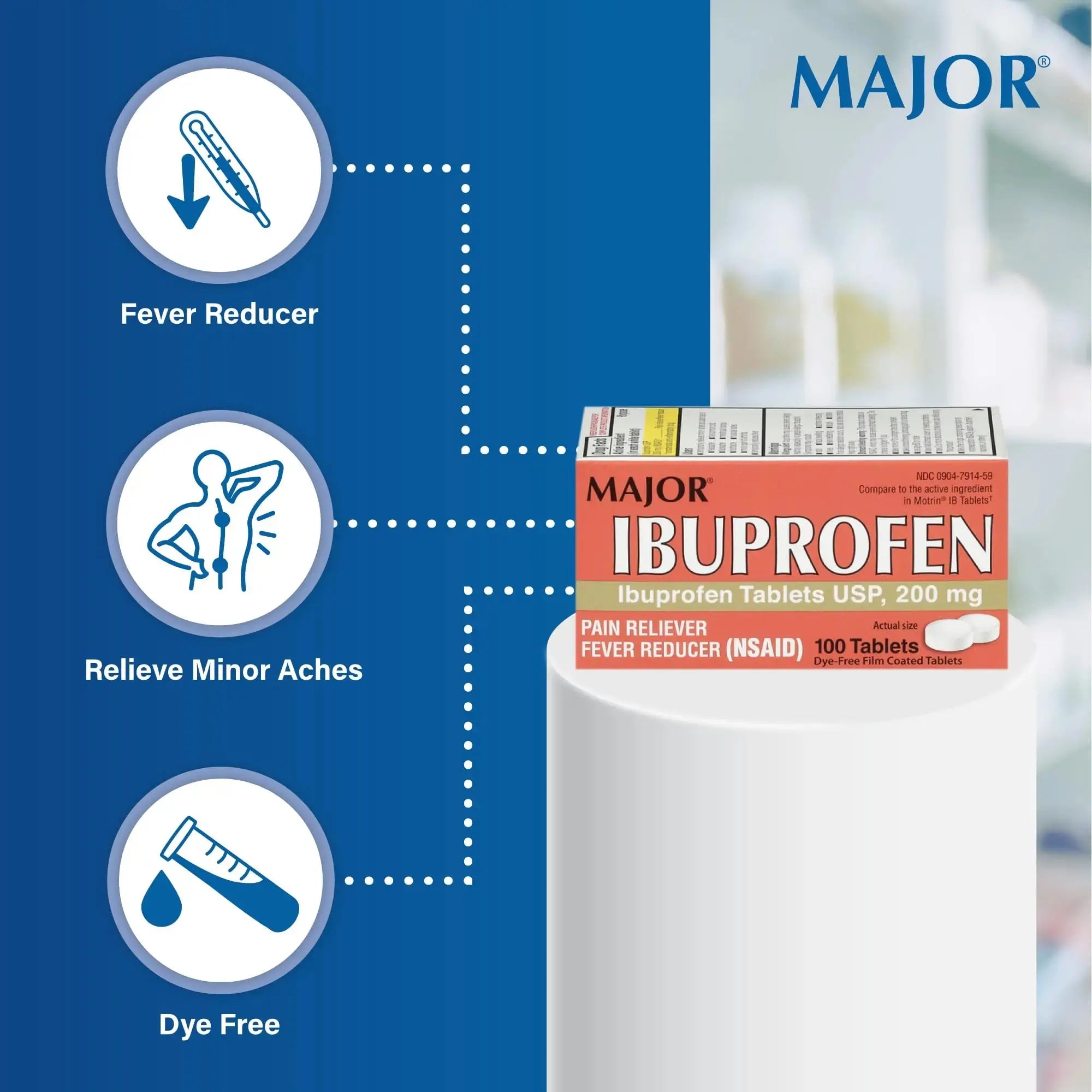 MAJOR Dye-Free Ibuprofen Tablets 200 mg - Helps Temporarily Reduce Fevers - Offers Pain Relief - 100 Tablets (1-Pack) MAJORAu supplements