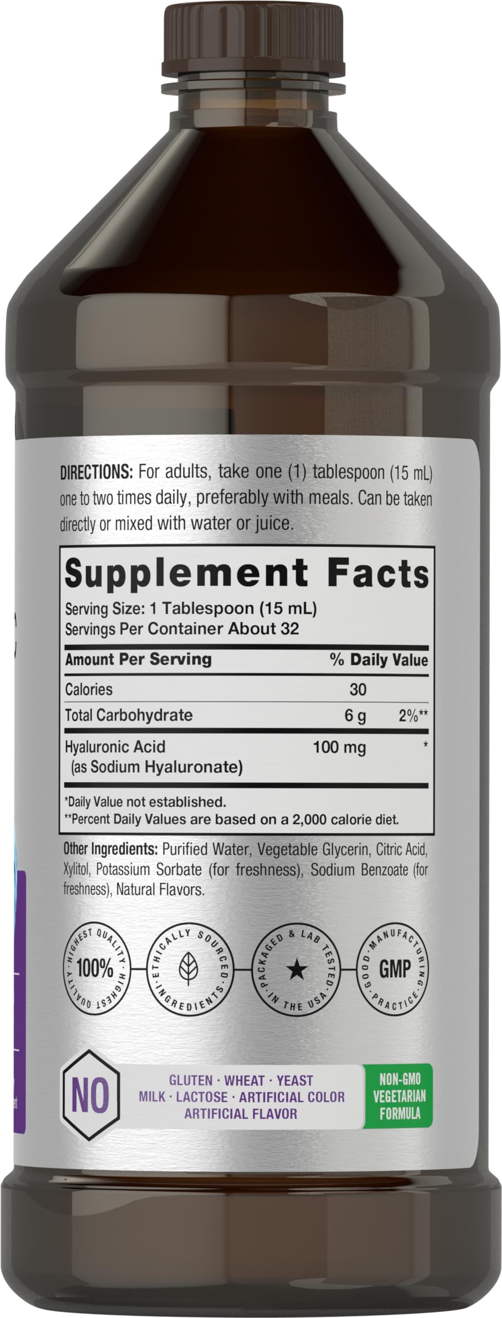 Liquid Hyaluronic Acid Supplement | 100 mg | 16 oz | Mixed Berry Flavor | Non-GMO HorbäachAu supplements