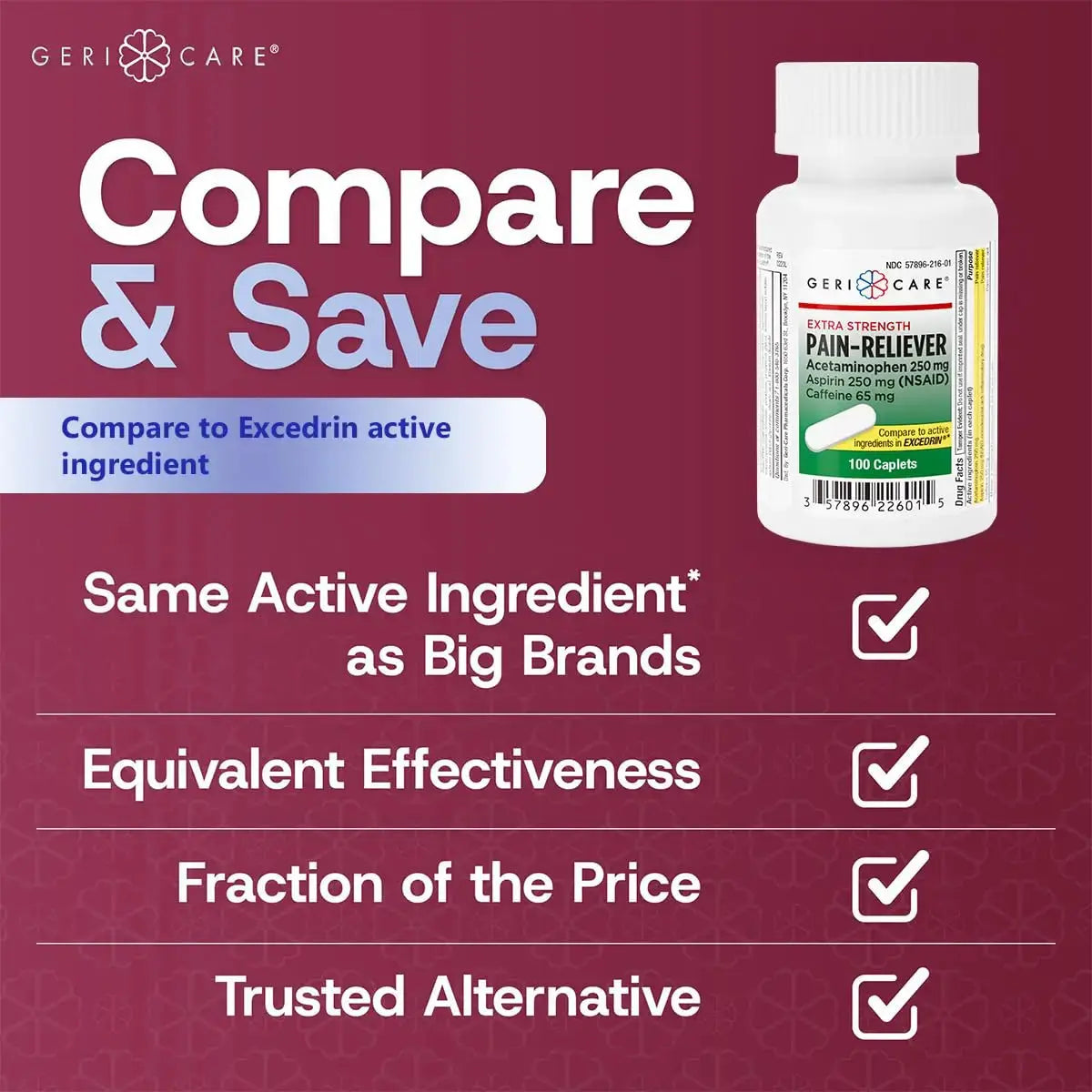 GeriCare Pain Reliever Extra Strength Caplets – 100 Count – Acetaminophen 250mg, Aspirin 250mg (NSAID), Caffeine 65mg – Powerful Triple-Action Formula for Headaches, Migraines & Minor Aches (2 Pack) GeriCareAu supplements