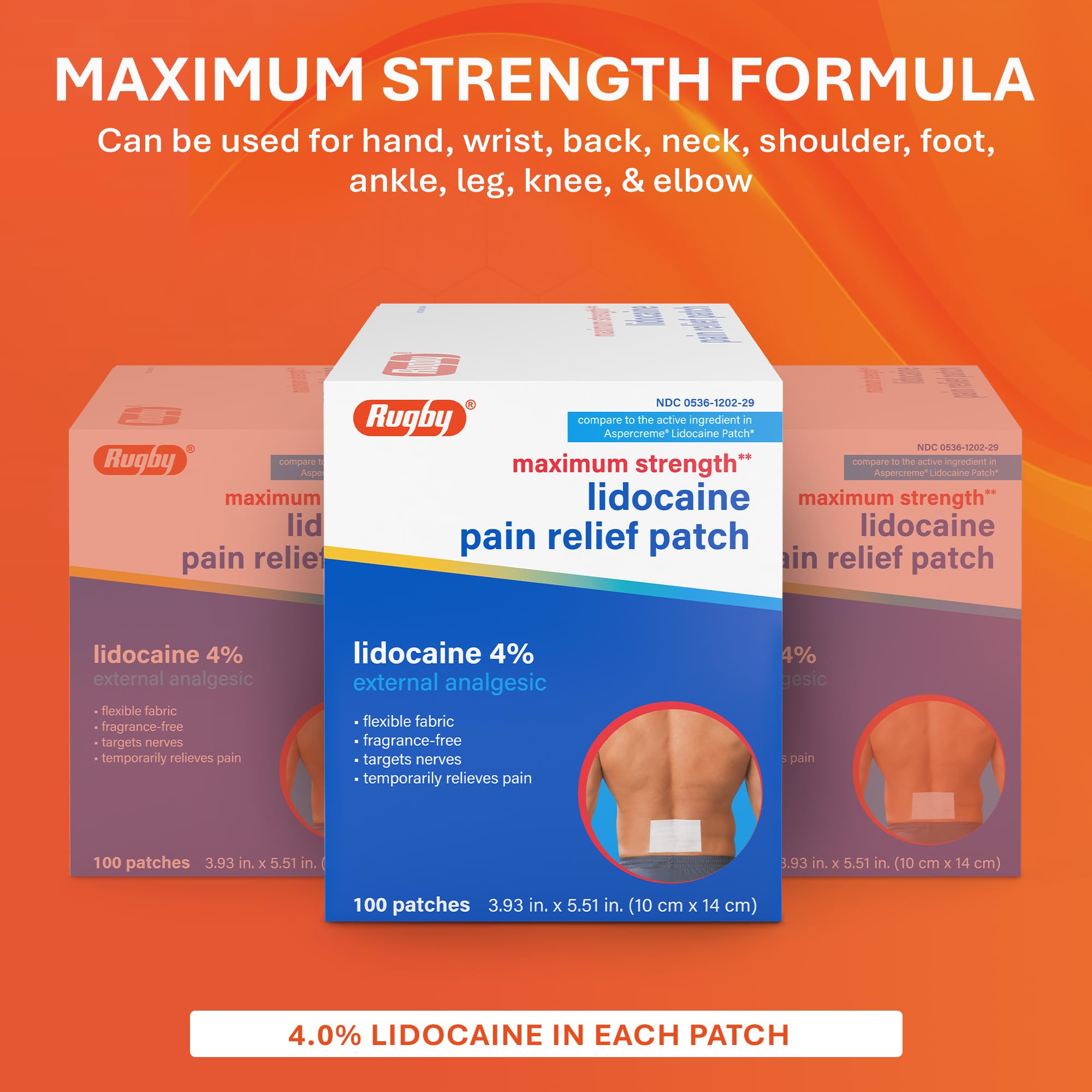 Rugby Maximum Strength 4% Lidocaine Pain Relief Patch- External Analgesic - Flexible Fabric, Fragrance-Free - Temporarily Relieves Pain - 100 Patches (10 cm x 14 cm Each) RUGBY LABORATORIESAu supplements