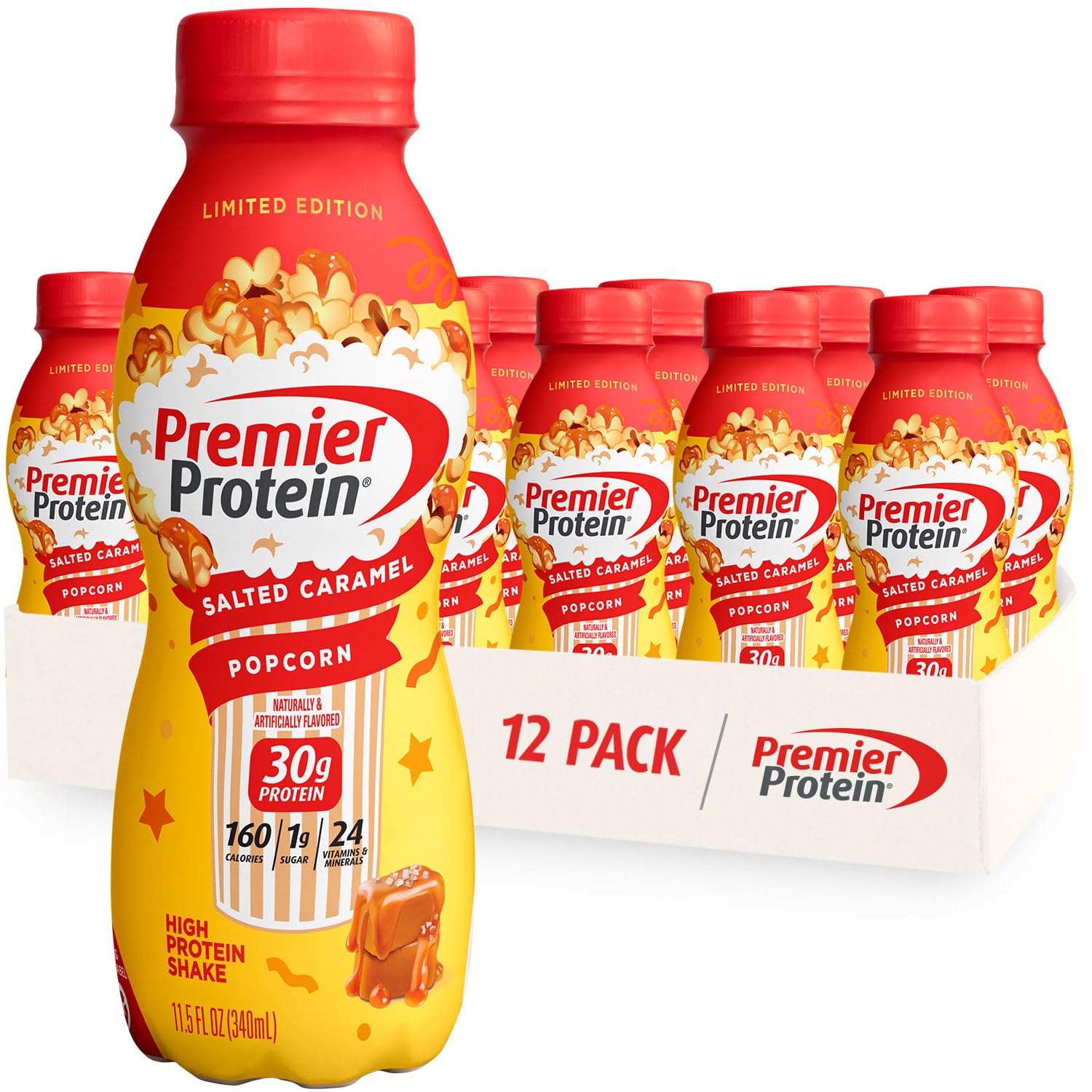 Premier Protein Shake Limited Edition Salted Caramel Popcorn, 30g 1g Sugar 24 Vitamins Premier ProteinUS supplements