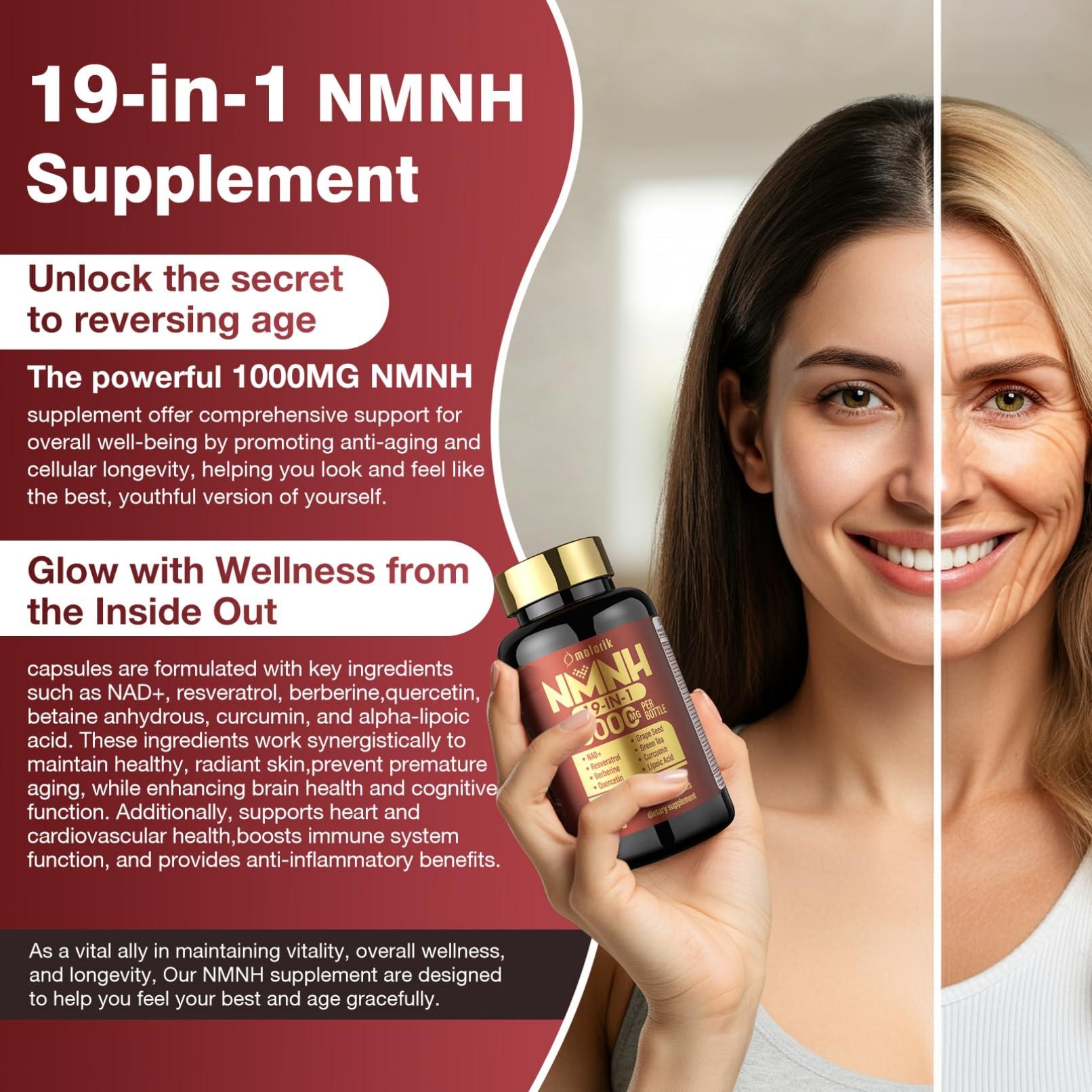19 in 1 NMNH (Dihydronicotinamide Mononucleotide) 1000mg Per Serving, Nad Supplement Boost NAD+ Levels Nad Resveratrol Supplement with Quercetin, Vitamin D3 K2, Healthy Aging, Energy, 90 Capsules molorik pureAu supplements