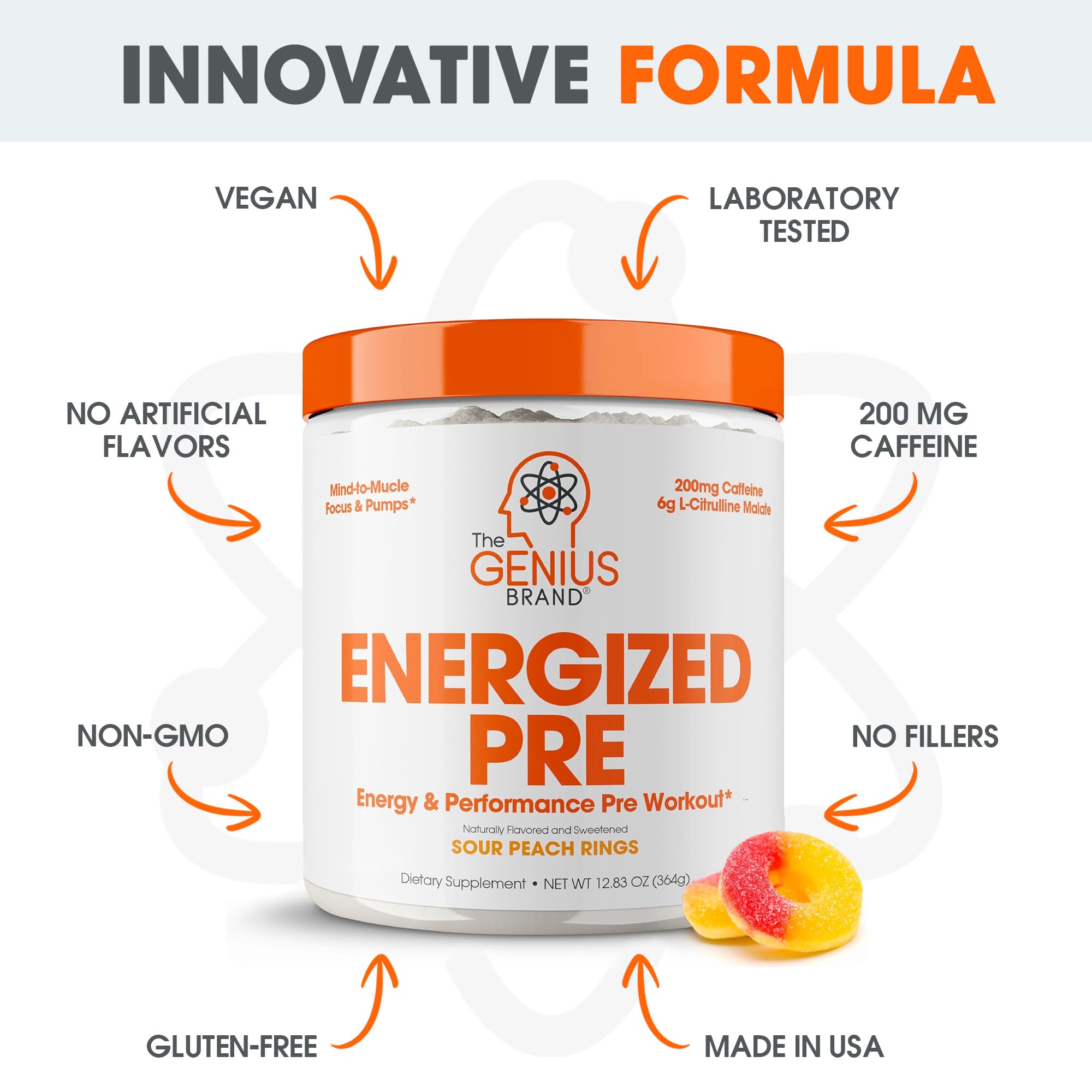 Genius Energized Pre Workout Powder – Caffeine Infused Pre-Workout Booster Supplement with Beta Alanine & Alpha GPC, No Artificial Sweeteners or Dyes - 200mg Caffeine, 20 Servings, Sour Peach Rings The Genius BrandUS supplements