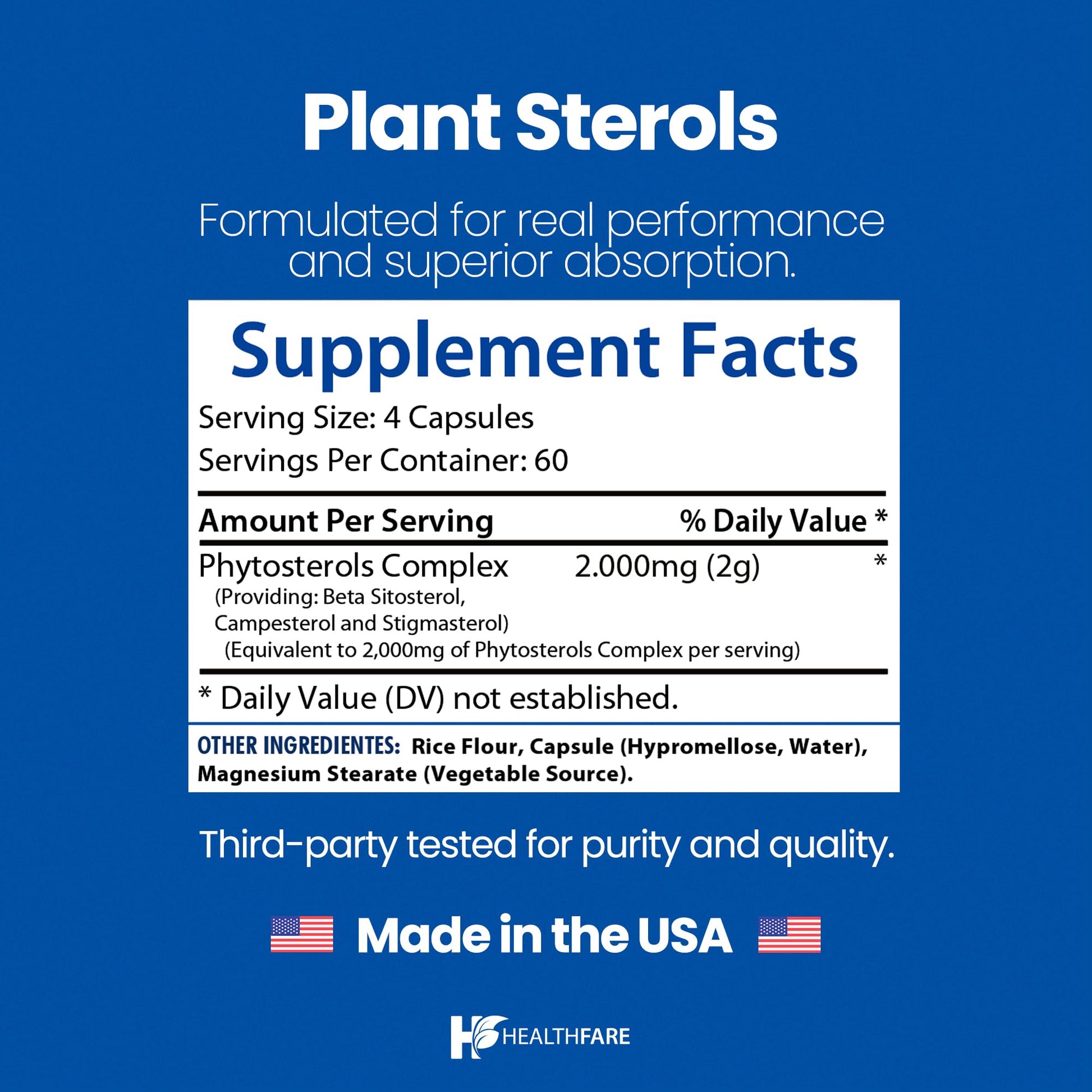 Healthfare Plant Sterols Capsules 2000mg | 240 Vegan Capsules | Beta Sitosterol & Phytosterol Complex | Plant-Based Supplement | Non-GMO & Gluten-Free | Made in the USA HealthfareAu supplements