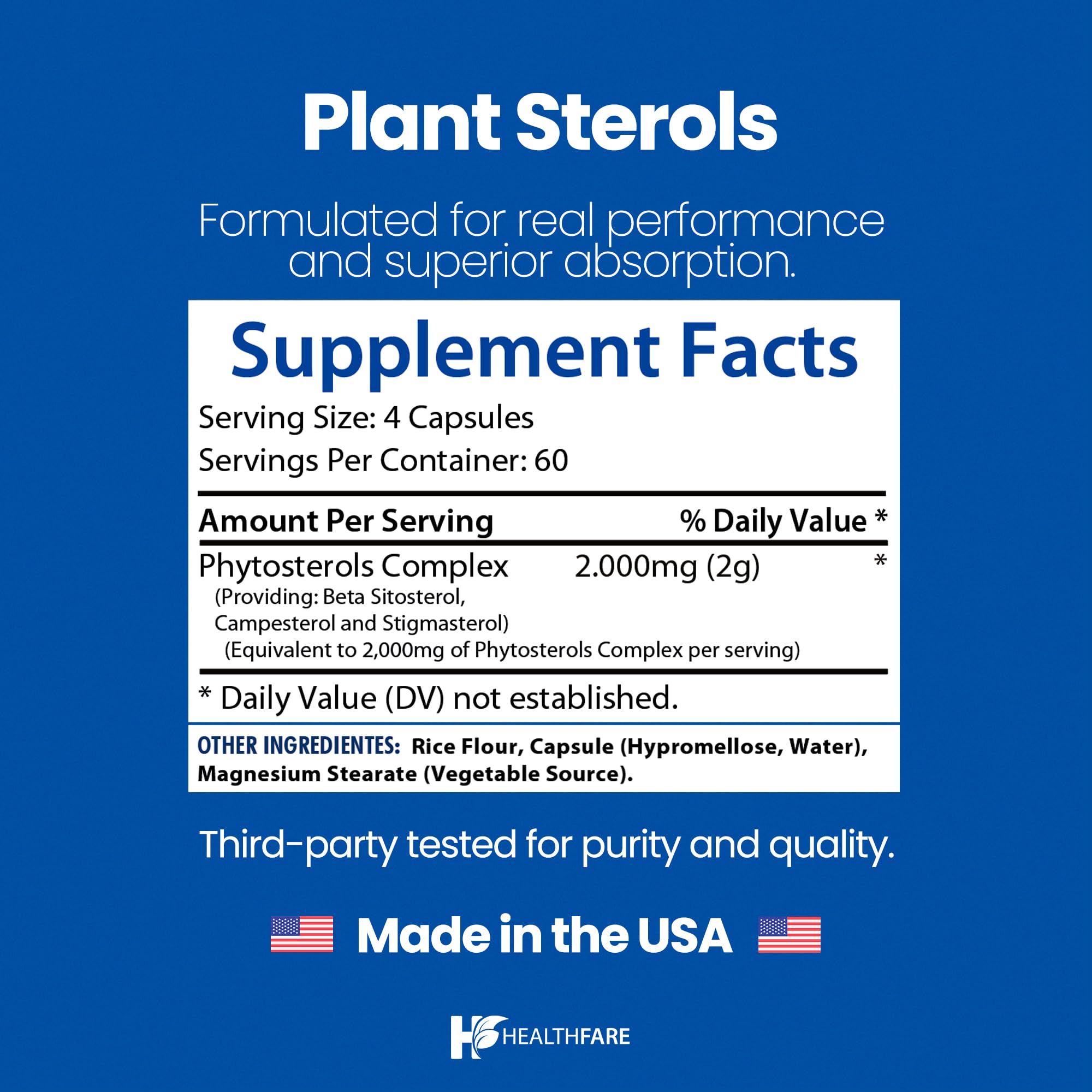 Healthfare Plant Sterols Capsules 2000mg | 240 Vegan Capsules | Beta Sitosterol & Phytosterol Complex | Plant-Based Supplement | Non-GMO & Gluten-Free | Made in the USA HealthfareAu supplements