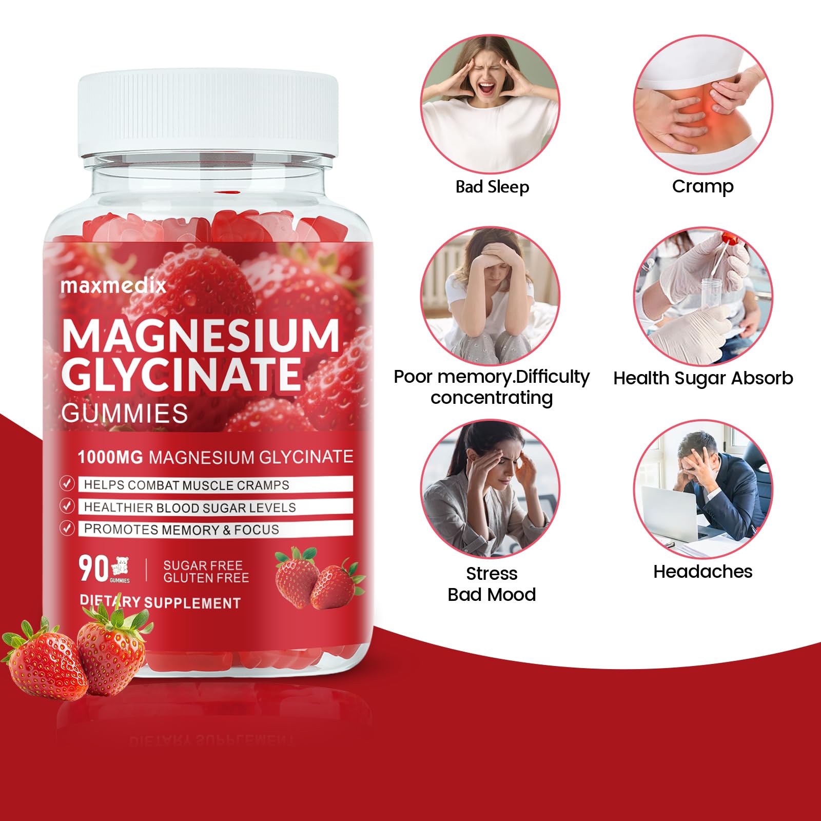 Magnesium Glycinate Gummies 1000mg, Sugar Free Magnesium Potassium Supplements Chewable for Adults with L-Threonate for Sleep, Body Support and Relaxation,90 Strawberry Gummies maxmedixAu supplements