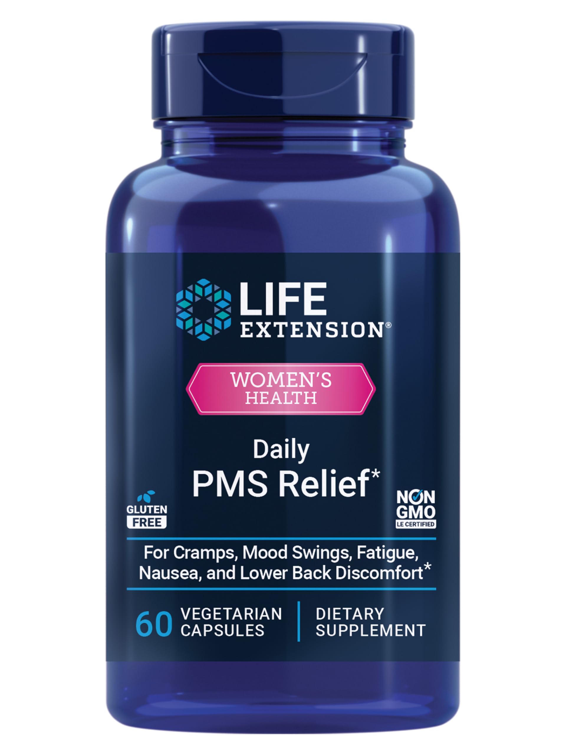 Life Extension Daily PMS Relief, Menstrual Comfort Supplement, PMS-Related Cramps, Lower Back discomfort, Mood, Ginger, Magnesium, B6, Gluten-Free, Non-GMO, 60 Capsules Life ExtensionAu supplements