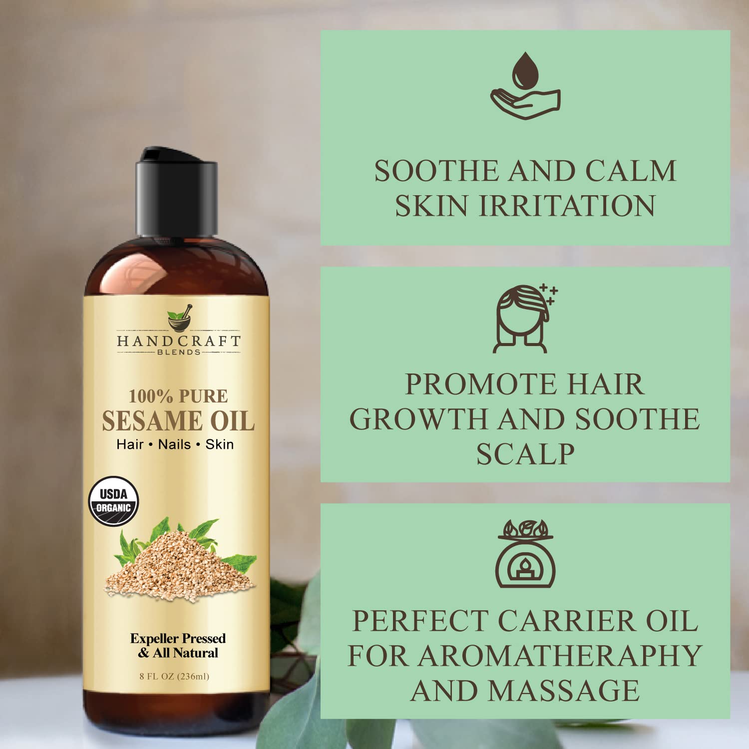 Handcraft Blends Organic Sesame Oil for Skin and Hair 8 oz - 100% Pure and Natural - Premium Handcraft BlendsAu supplements