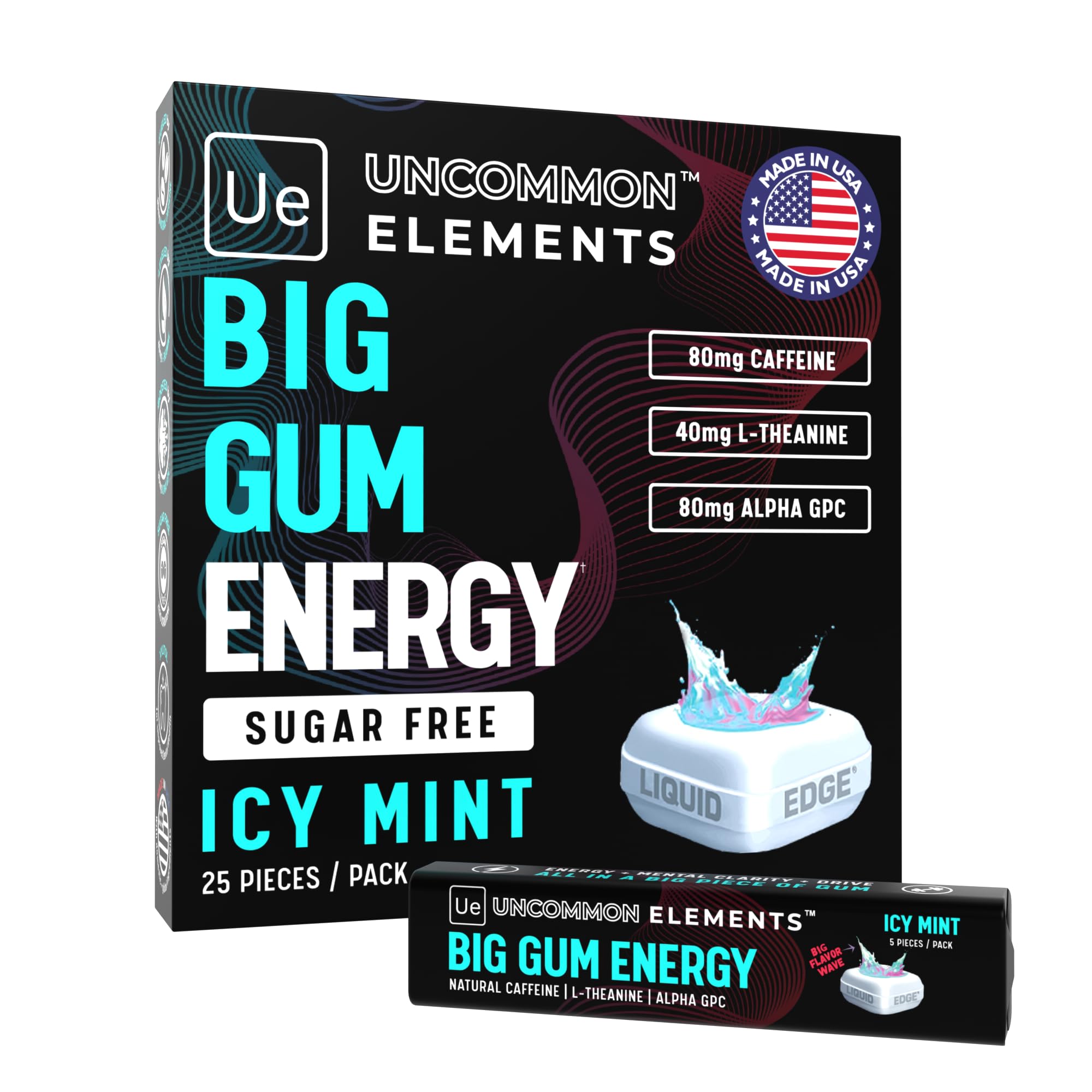 BIG GUM ENERGY & FOCUS – 80mg Caffeine + 40mg L-Theanine + 80mg Alpha GPC – Nootropic Chewing Gum for Focus, Energy & Execution – Icy Mint – 25 Pieces (5 Packs) Gym & Work Execution. UNCOMMON ELEMENTSAu supplements