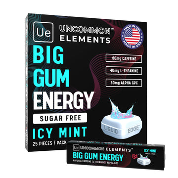 BIG GUM ENERGY & FOCUS – 80mg Caffeine + 40mg L-Theanine + 80mg Alpha GPC – Nootropic Chewing Gum for Focus, Energy & Execution – Icy Mint – 25 Pieces (5 Packs) Gym & Work Execution. UNCOMMON ELEMENTSAu supplements