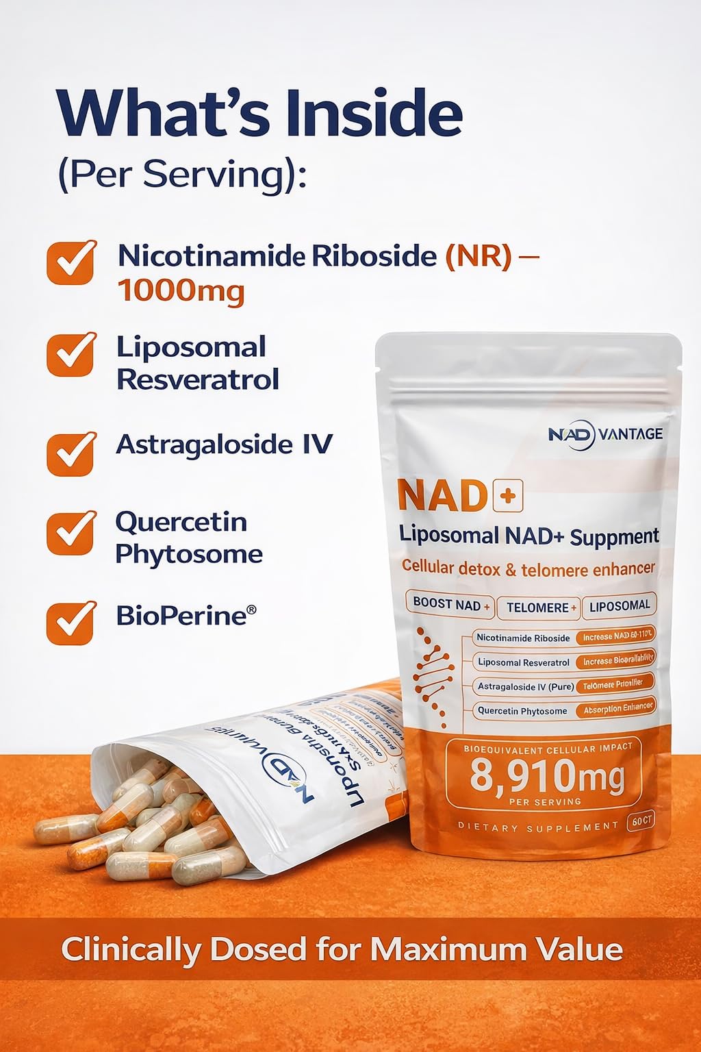 Eternaroot NAD+ 5D Matrix - High Potency NAD Precursor - 1000mg Nicotinamide Riboside (NR) + Liposomal Resveratrol - Clean Vegan Formula - Cellular Energy & Immune Support EternarootAu supplements