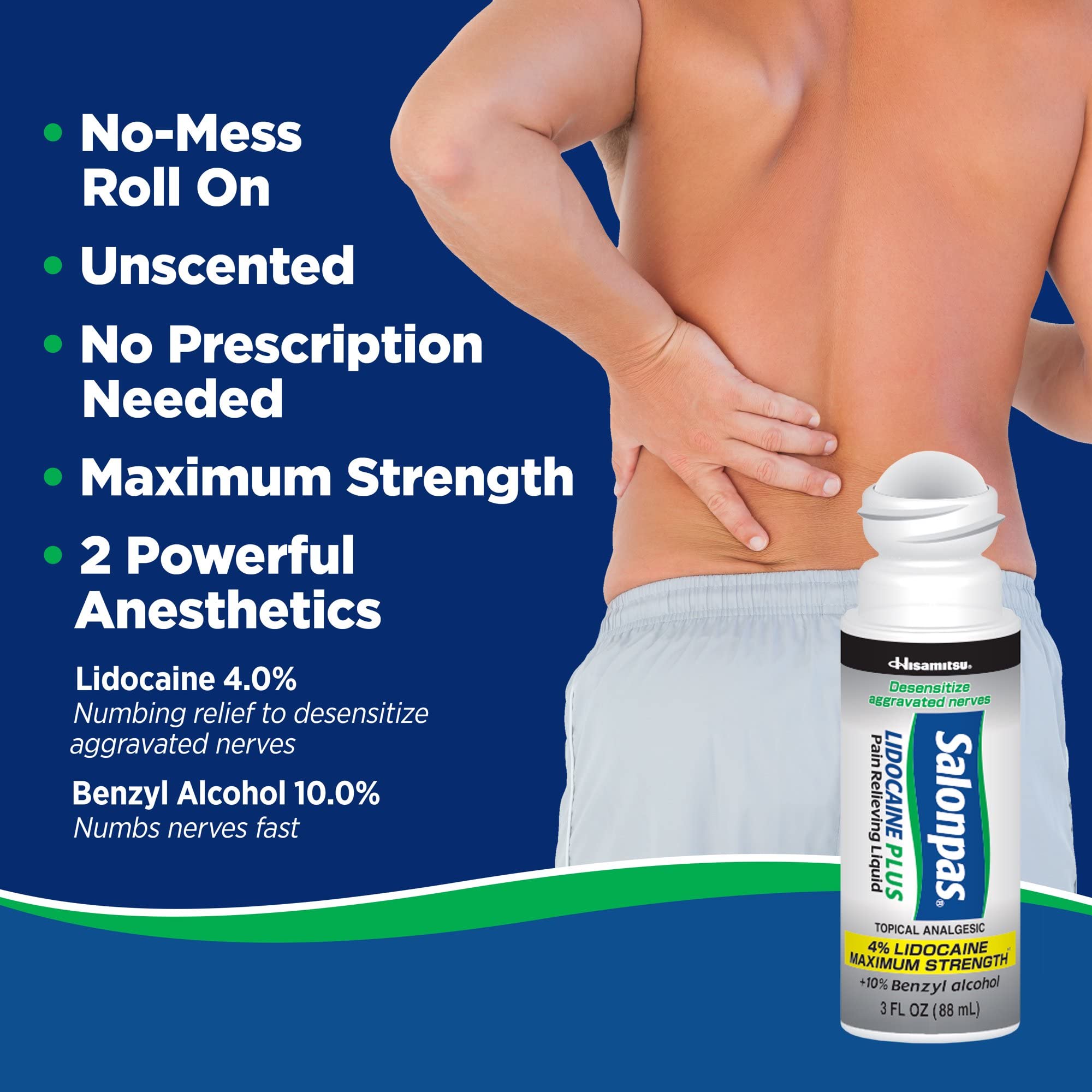 Salonpas LIDOCAINE Plus 3 oz ROLL ON Pain Relieving Liquid! Maximum Strength 4% Lidocaine for Numbing Pain Relief! Mess Free Application! (3 Pack) SalonpasAu supplements