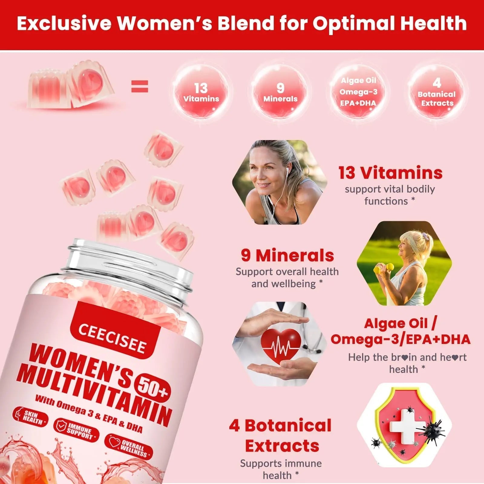 Ceecisee Vitamin Gummies for 50+ Women: Organic Vegan Multivitamin with Iron Omega3 B12 D3 Biotin Zinc Ashwagandha for Hair Skin Health Energy Immune Suppor CeeciseeAu supplements