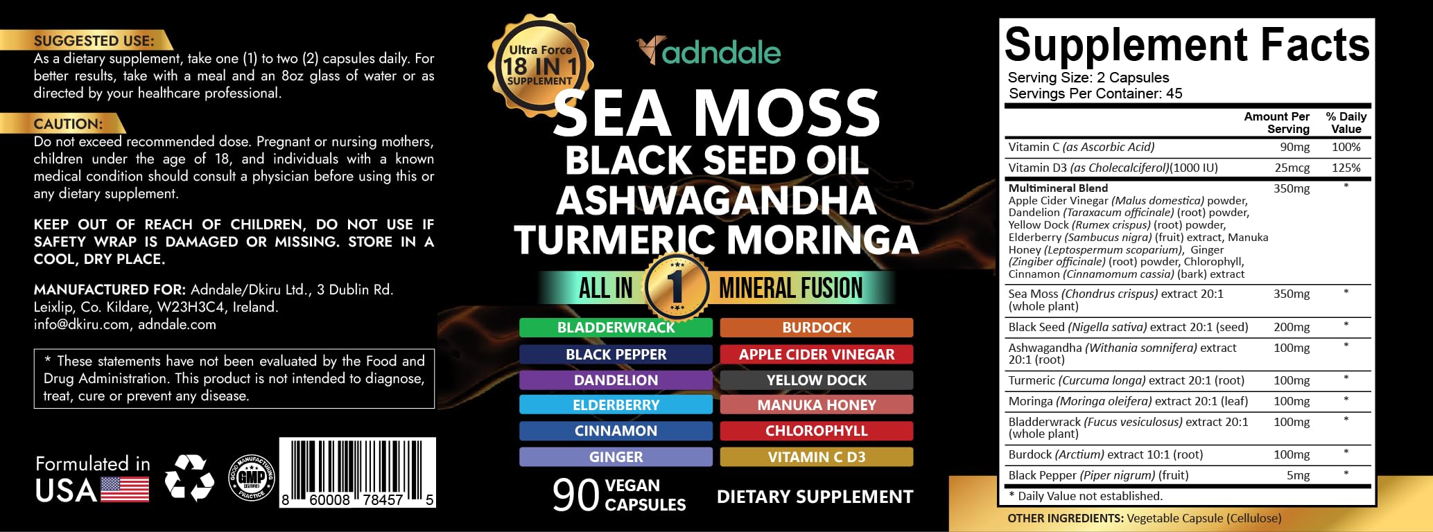 Adndale Sea Moss Capsules - Sea Moss Blend with Ashwagandha, Turmeric & Black Seed Oil - 180 Count AdndaleAu supplements