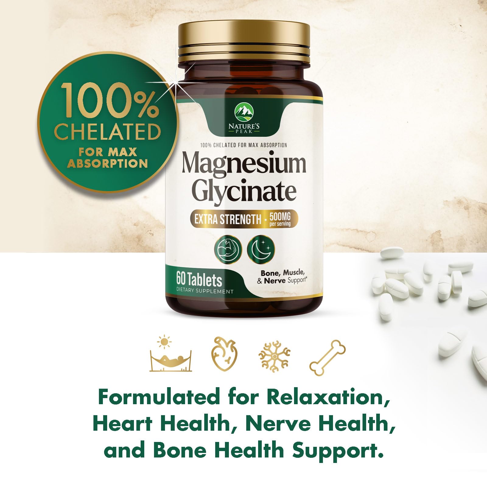 Magnesium Glycinate 500mg Per Serving - High Absorption Chelated Magnesium Supplement for Muscle, Bone and Heart Health Support - Easy Digestion & Gentle on Your Stomach - USA Bottled - 60 Tablets Nature's PeakAu supplements