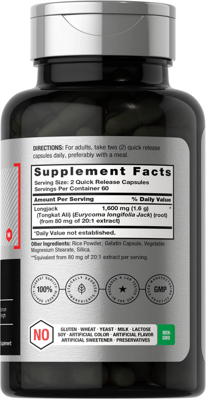 Longjack Tongkat Ali 1600 mg | 120 Capsules | Longifolia Root Extract Powder | Maximum HorbäachUS supplements