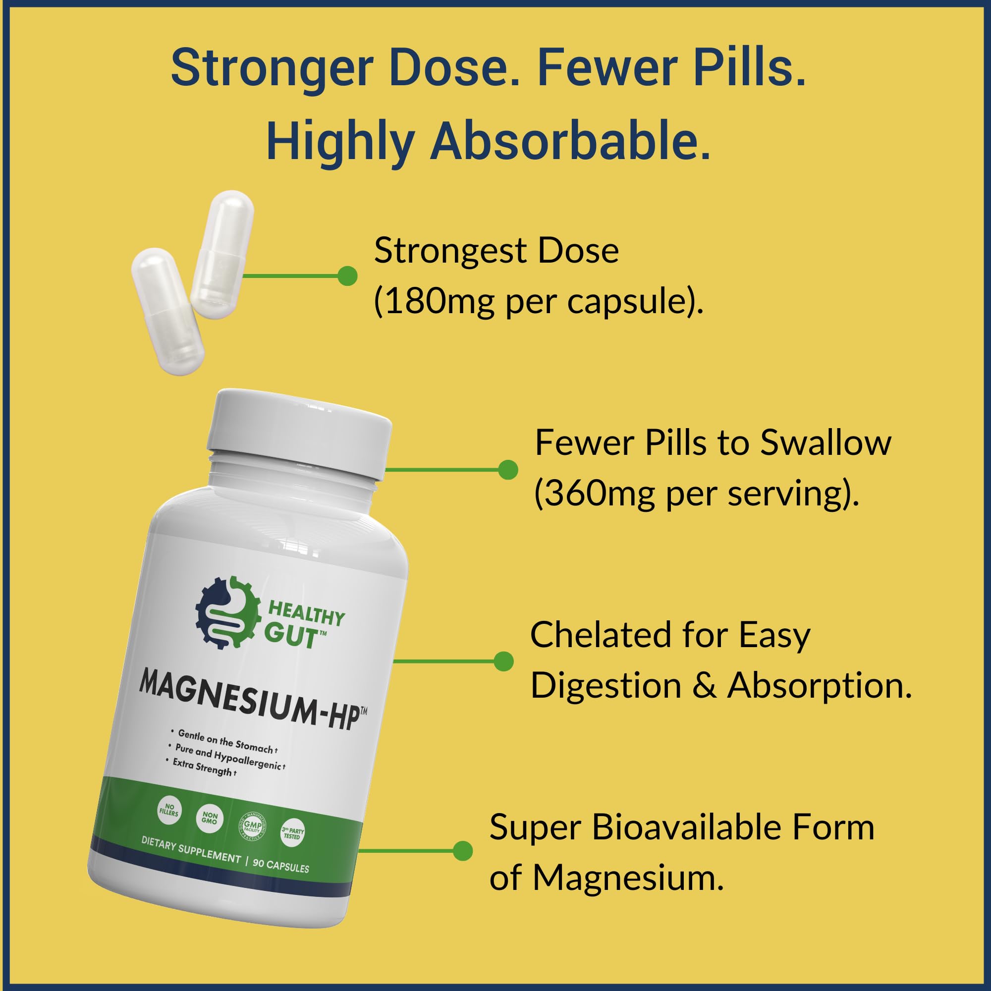 Healthy Gut Magnesium-HP | Ultra Pure Magnesium Glycinate Capsules with Zero Fillers | 180 mg Magnesium Glycinate | 90 Servings Healthy GutAu supplements