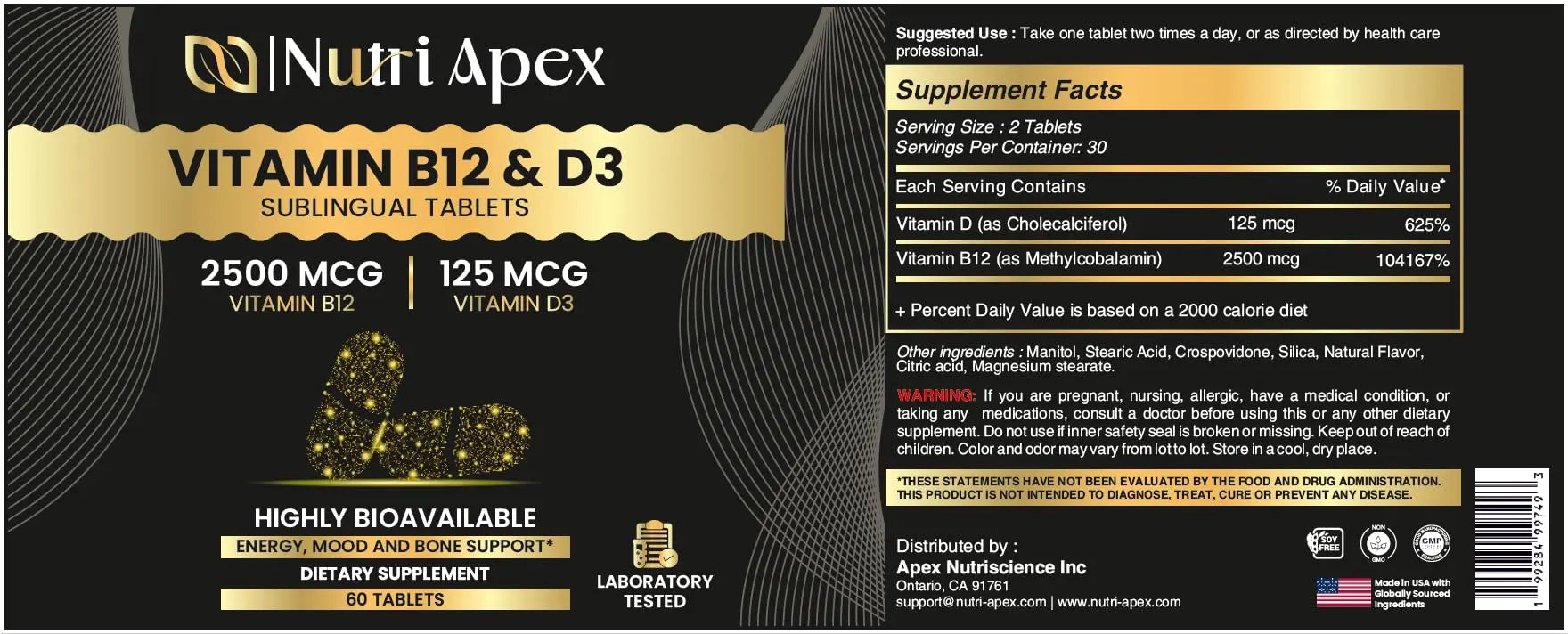 Nutri Apex Vitamin B12 & D3 Sublingual Tablets - 2500 mcg B12 & 125 mcg (5000 IU) D3 - Highly Bioavailable for Energy, Mood & Bone Health - Lab-Tested Nutri ApexAu supplements