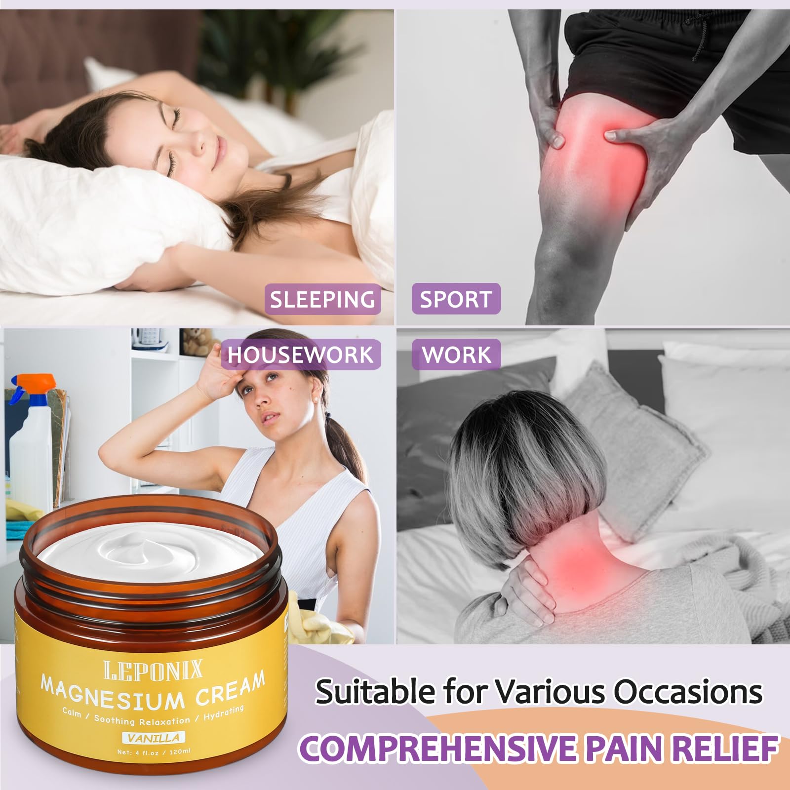 Magnesium Cream for Sleep & Muscle Recovery - Soothing Topical Magnesium Lotion for Leg Cramps, Joint Comfort, Pain Relief - Relaxing Magnesium Body Butter for Men Women Kids (120ml, Vanilla) LEPONIXAu supplements