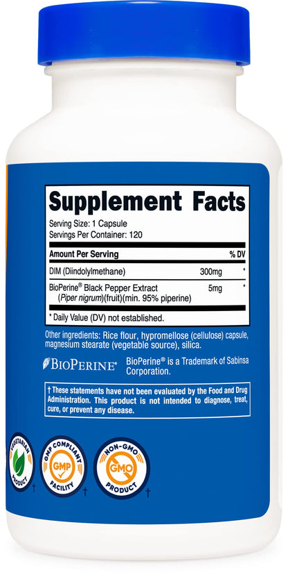 Nutricost DIM (Diindolylmethane) Plus BioPerine 300mg, 120 Vegetarian Capsules NutricostUS supplements