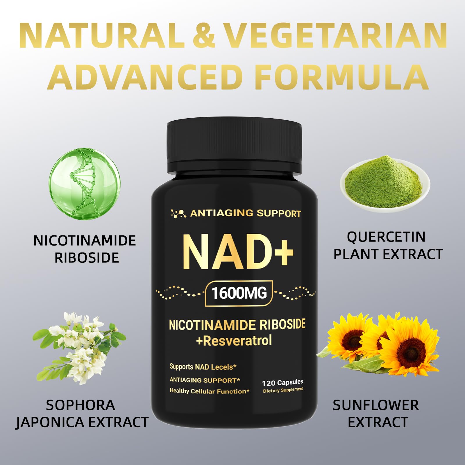 NAD Supplement 1600mg, NAD+ with Resveratrol & Nicotinamide Riboside, Anti-Aging Support, Cellular Energy & Mental Clarity Support, Vegan Non-GMO, 120 Capsules ANTIAGING SUPPORTAu supplements