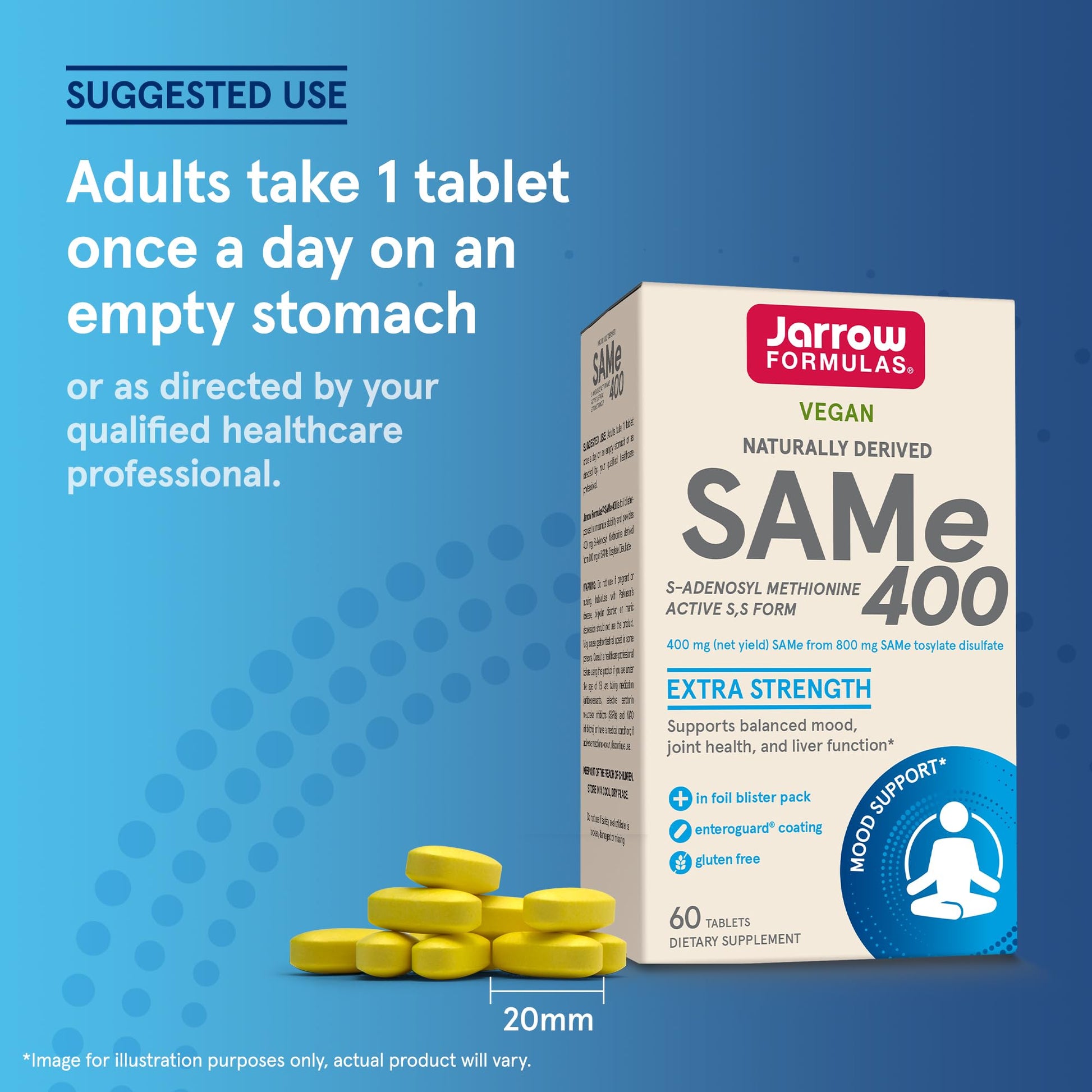 Jarrow Formulas SAMe Supplement 400 mg - 60 Tablets - High Concentration of Active S,S Form - Supports Joint Health, Liver Function, Brain Metabolism, Balanced Mood & Antioxidant Defense - 60 Servings Jarrow FormulasAu supplements