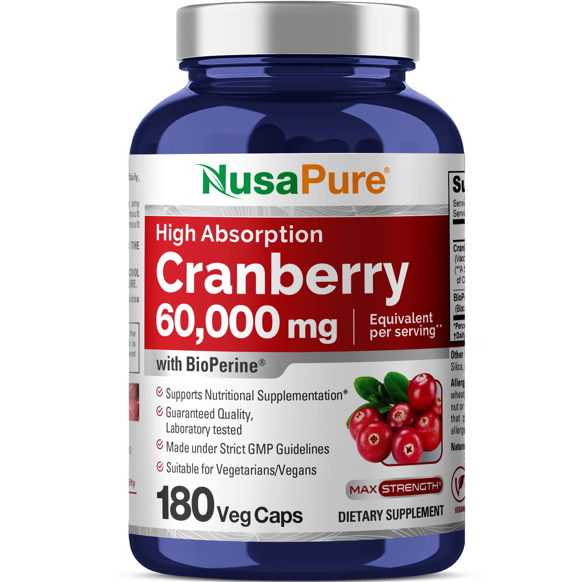 NusaPure Cranberry 60,000 mg 180 Veg Caps (Bioperine, Non-GMO, Vegan) NusaPureAu supplements