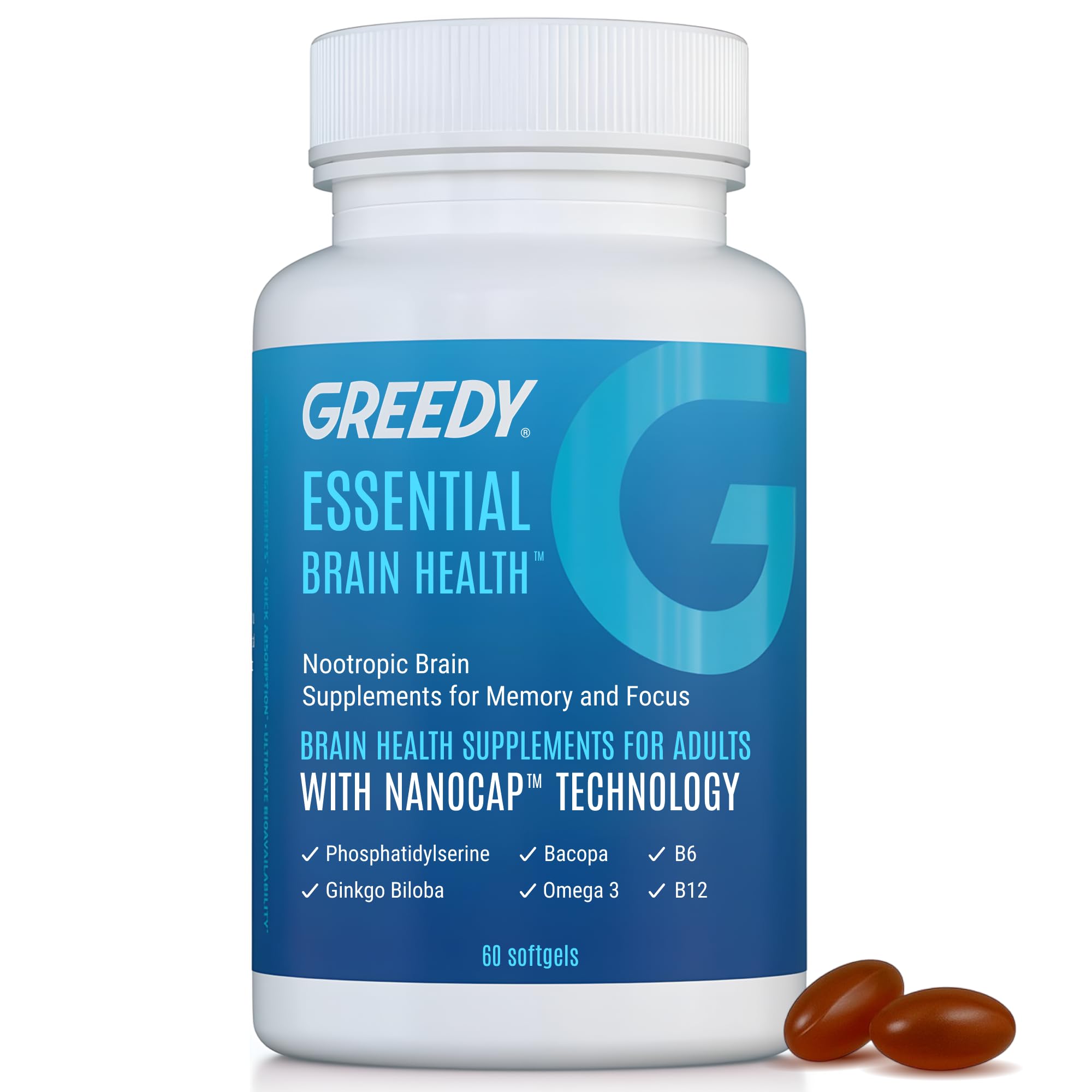 Essential Brain Health Supplements Nootropic for Memory and Focus – for Adults with NanoCap® Technology, Phosphatidylserine, Bacopa, Ginkgo Biloba, Omega 3, B6, B12, 60 Softgels by Greedy® Nutrition Platinum HealthAu supplements