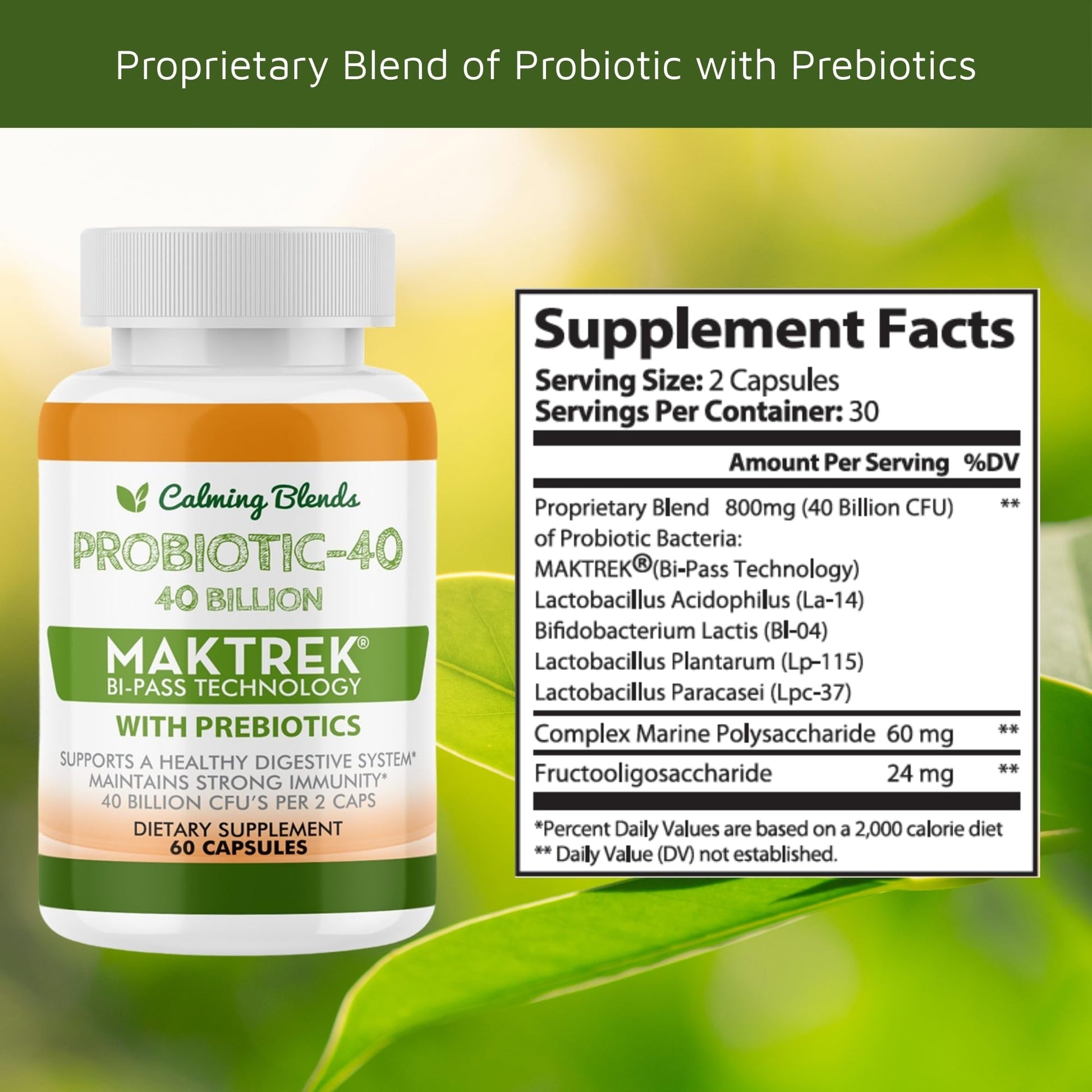 CALMING BLENDS Probiotic, 40 Billion CFU, Bi-Pass Delivery System for Maximum Effectiveness, Shelf Stable, 60 Vegetable Capsules CALMING BLENDSAu supplements