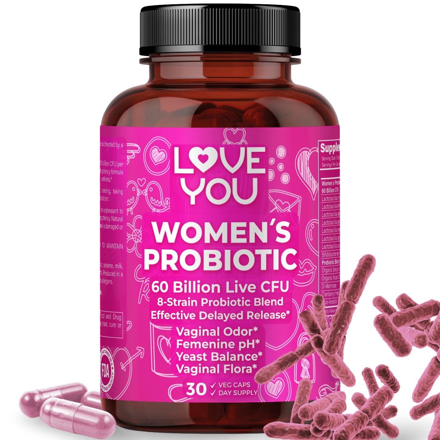 Love You Womens Probiotic, Ph Balance, Ut, Feminine, Vaginal Health Supplement, Digestive, Pre + Pro + Postbiotic, Delayed Release, 60 Billion Live CFU, 8-Strain Probiotic Blend, 30 Veg Caps Servings Love YouAu supplements