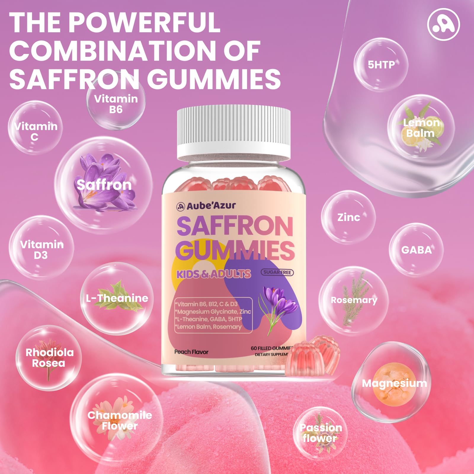 Saffron Gummies for Kids Adults 88.5mg, 15-in-1 Saffron Supplements for Kids, with B6, B12, C, D3, Magnesium Glycinate, Zinc for Nerve, Rest, Focus, Sugar Free, Vegan, Non- GMO, Peach Flavor, 60 Count Aube'AzurAu supplements