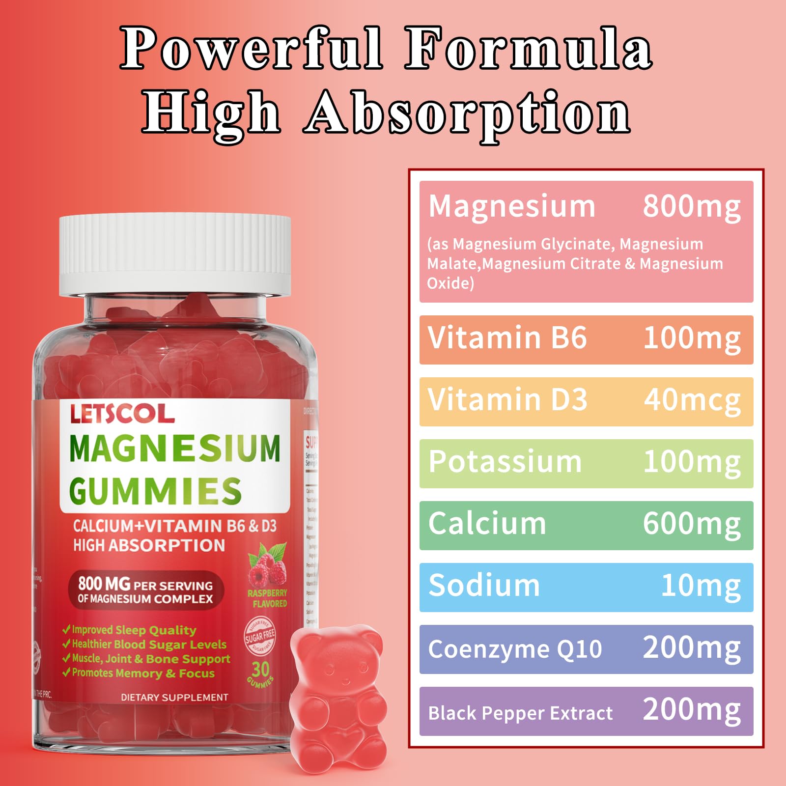 LETSCOL Magnesium Glycinate Gummies 800mg Per Serving, Sugar Free Magnesium Supplement with Magnesium Malate, Calcium, Vitamin D3, B6, CoQ10 for Calm Support & Zzz for Adults Kids LETSCOLAu supplements